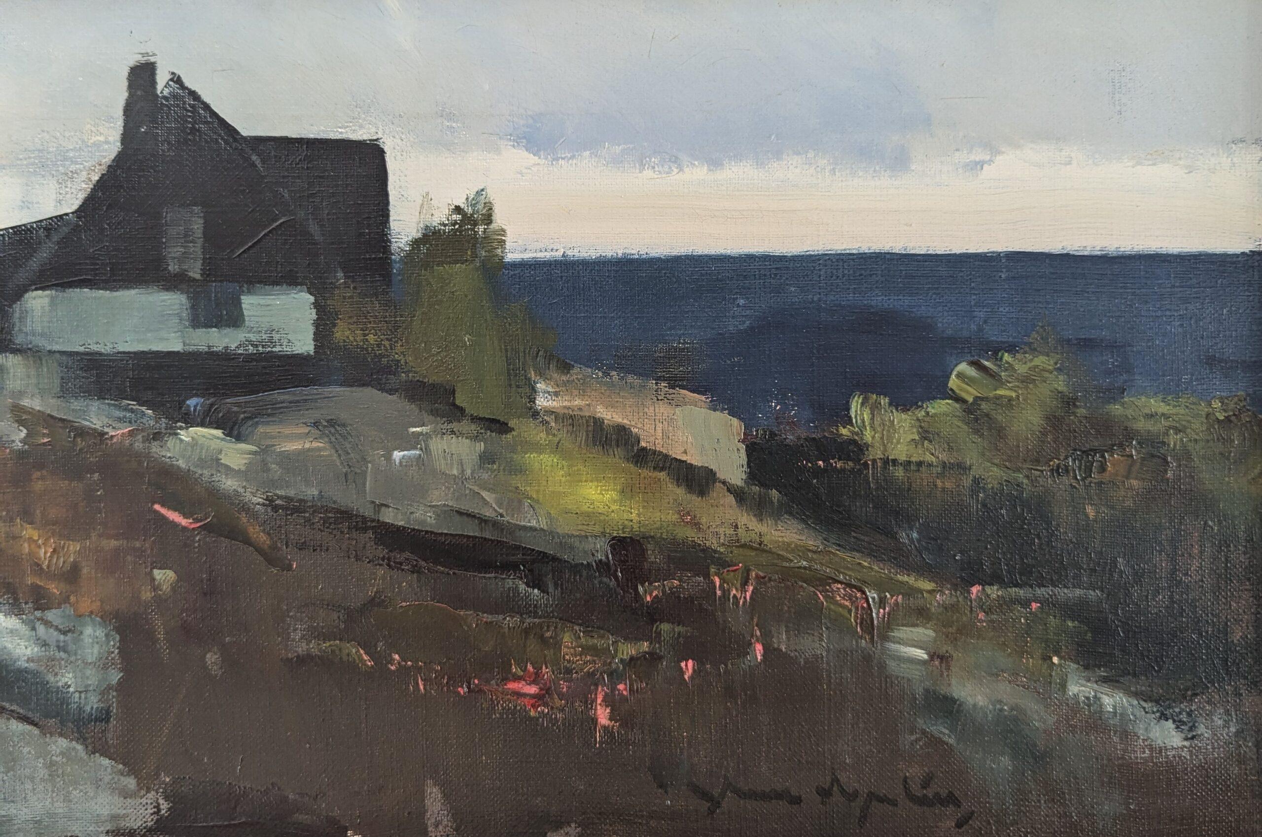 Vintage Mid-Century Modern Coastal Landscape Framed Oil Painting - Hilltop House 7