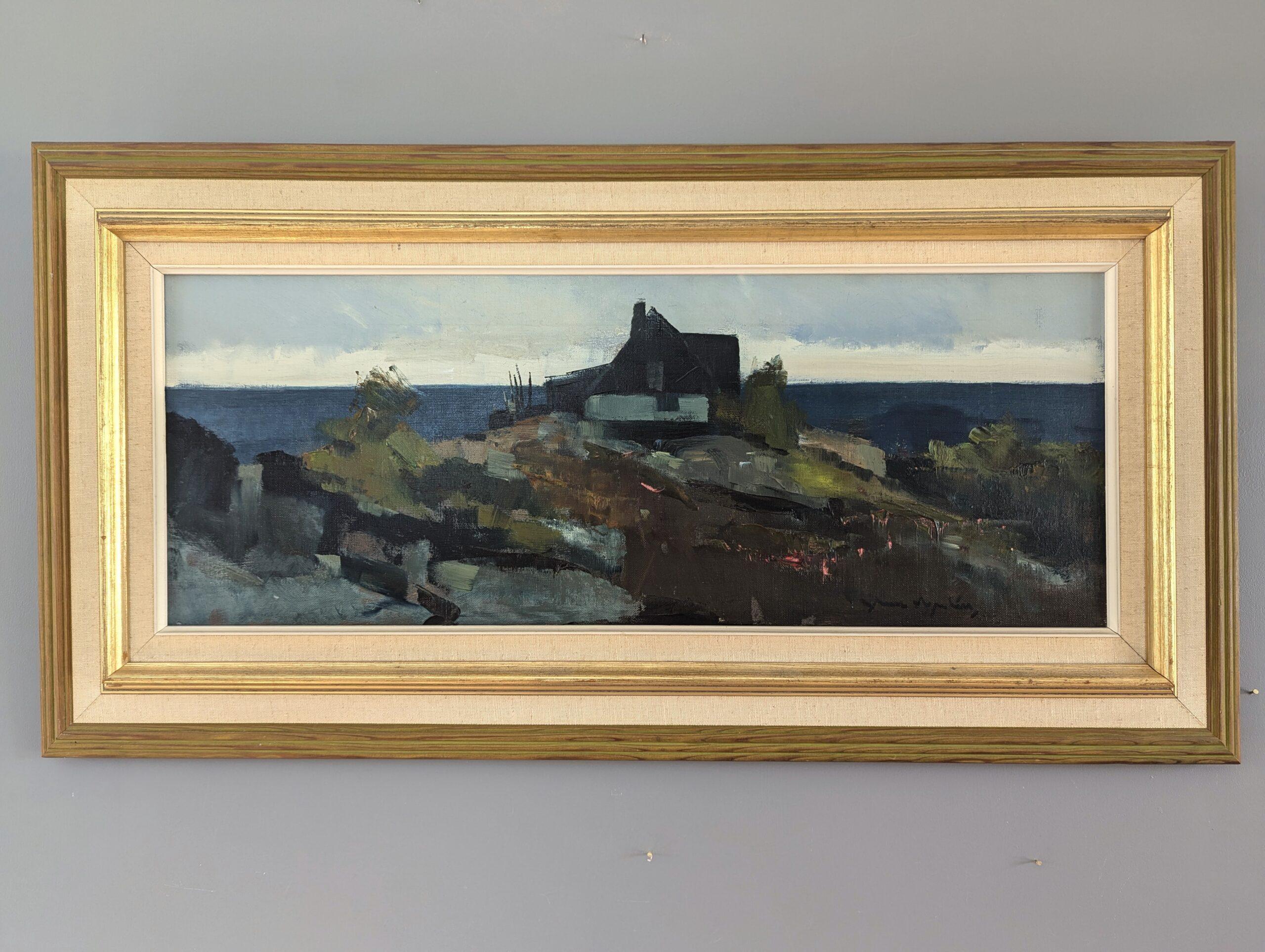 Vintage Mid-Century Modern Coastal Landscape Framed Oil Painting - Hilltop House - Beige Landscape Painting by Unknown
