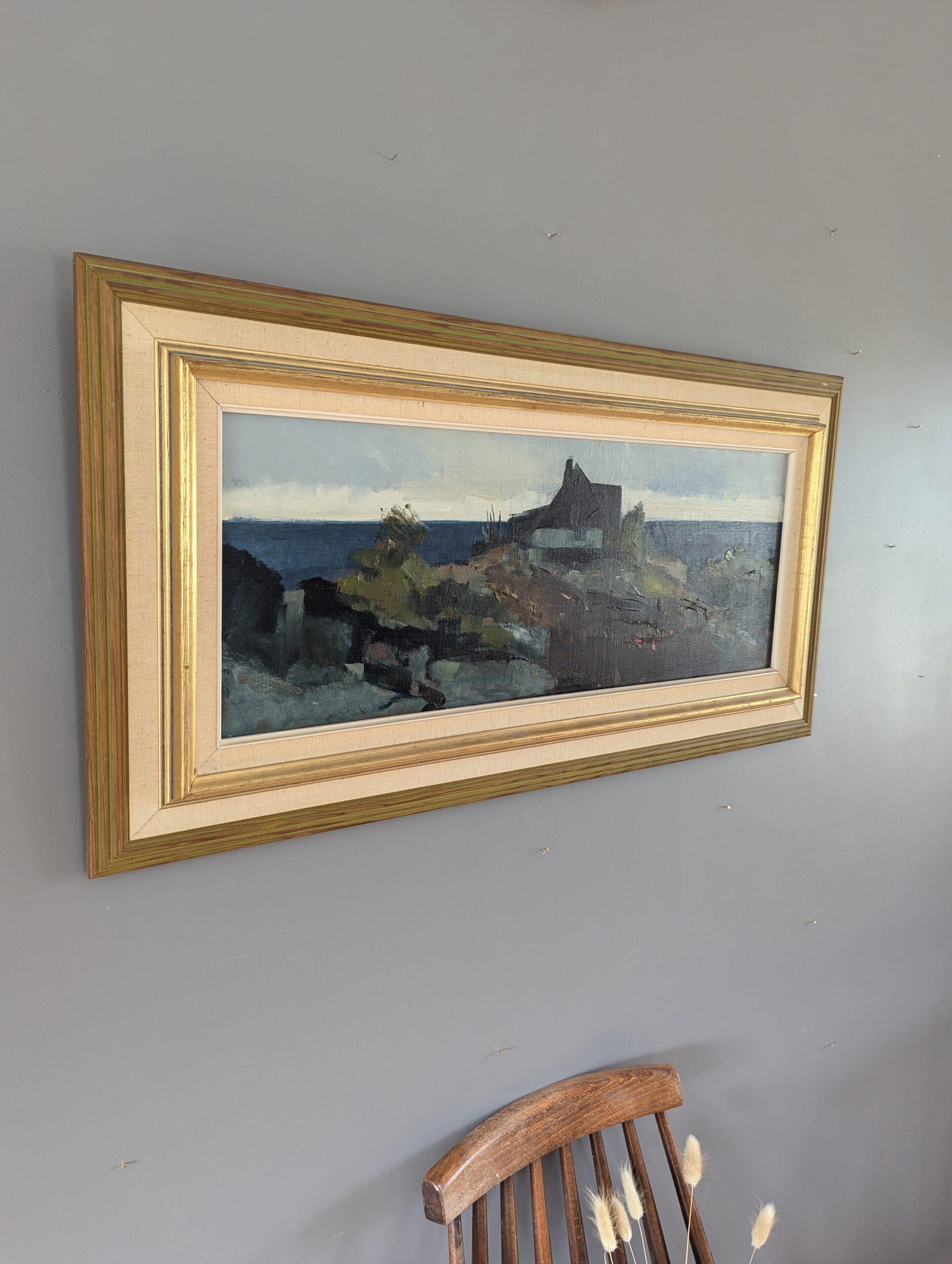 Vintage Mid-Century Modern Coastal Landscape Framed Oil Painting - Hilltop House 1