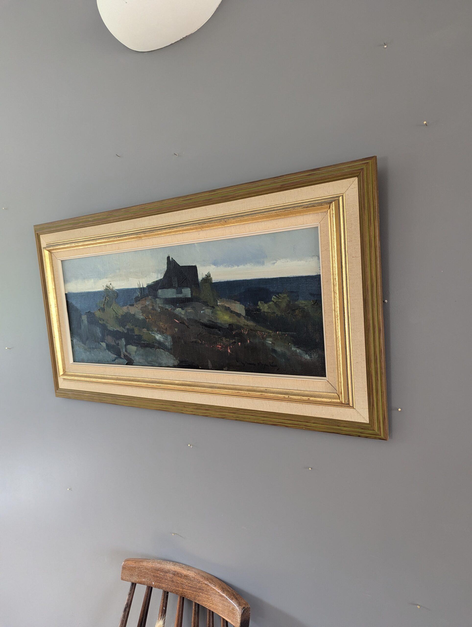 Vintage Mid-Century Modern Coastal Landscape Framed Oil Painting - Hilltop House 2