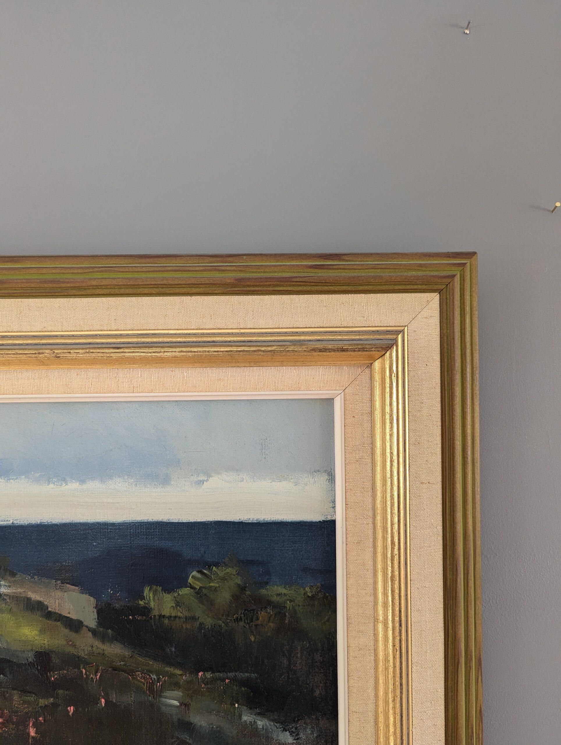 Vintage Mid-Century Modern Coastal Landscape Framed Oil Painting - Hilltop House 3