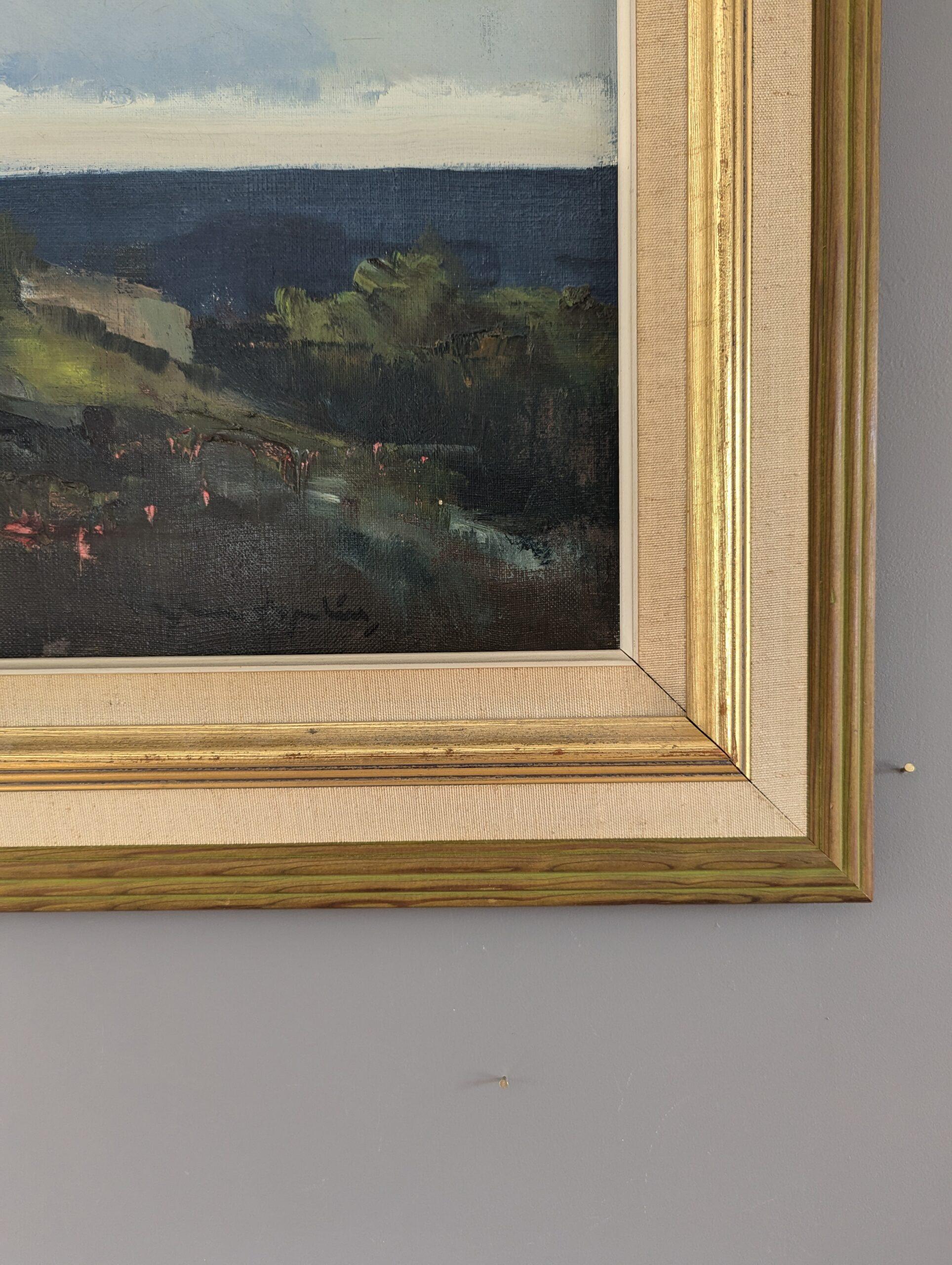 Vintage Mid-Century Modern Coastal Landscape Framed Oil Painting - Hilltop House 4