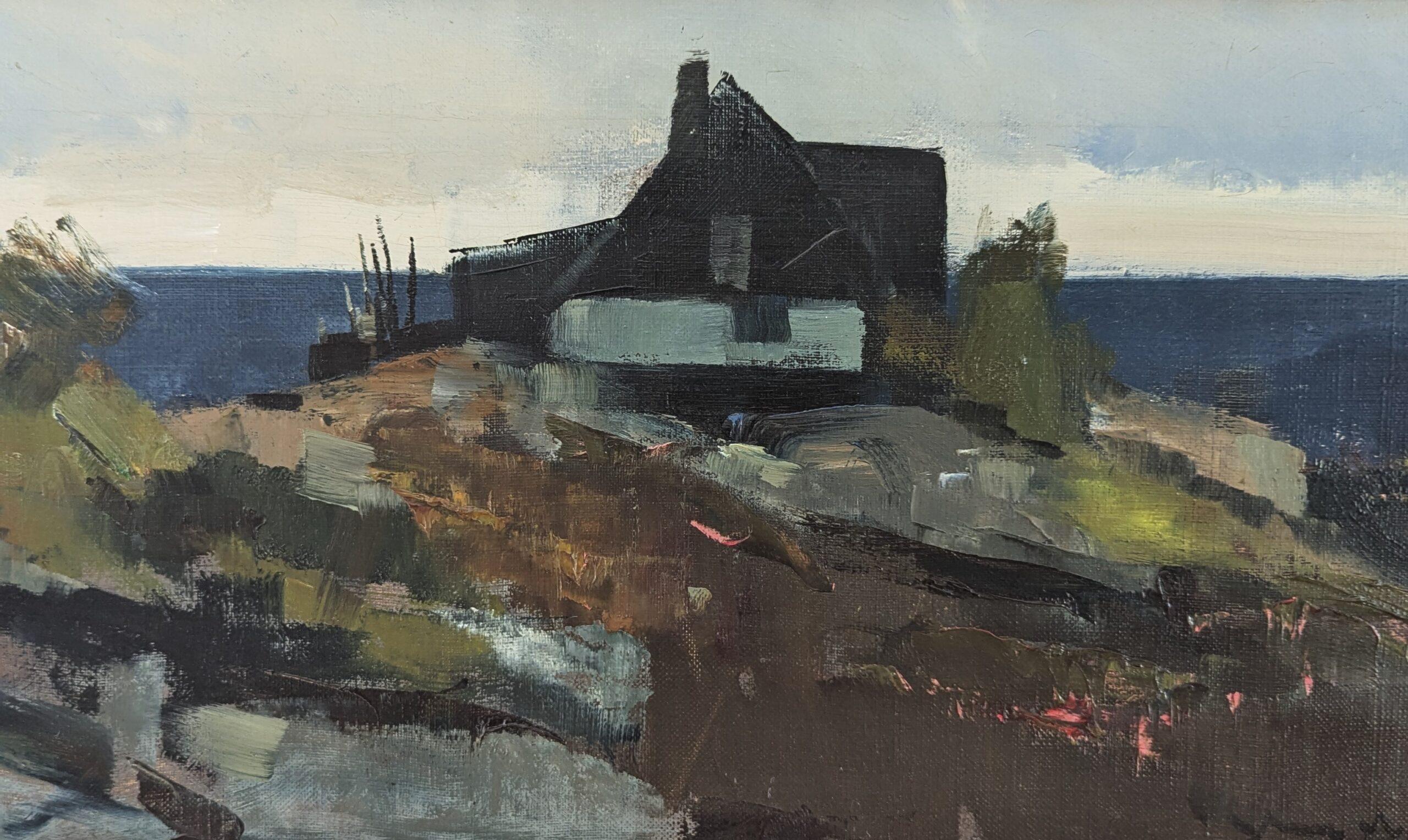 Vintage Mid-Century Modern Coastal Landscape Framed Oil Painting - Hilltop House 5