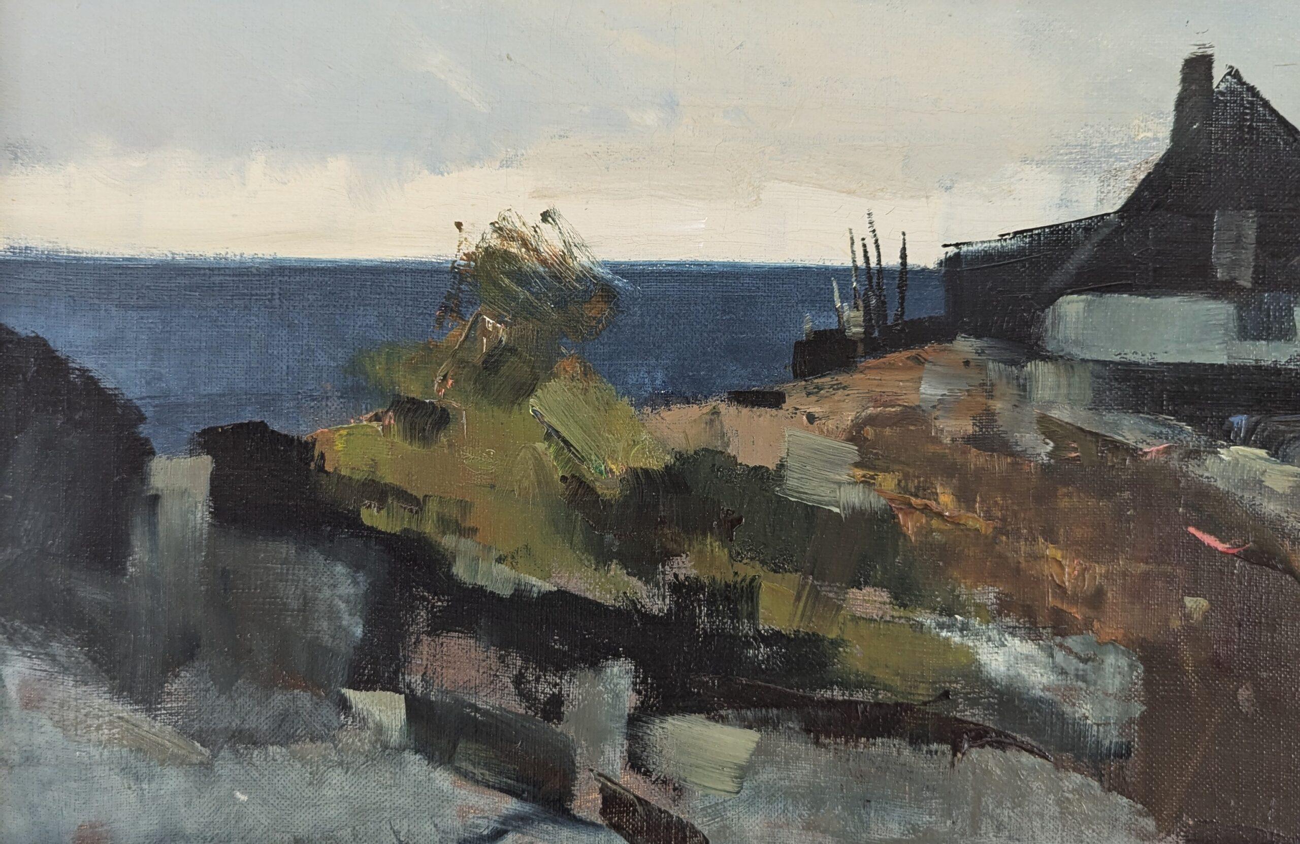 Vintage Mid-Century Modern Coastal Landscape Framed Oil Painting - Hilltop House 6