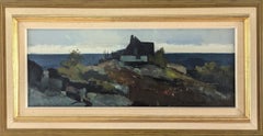 Vintage Mid-Century Modern Coastal Landscape Framed Oil Painting - Hilltop House