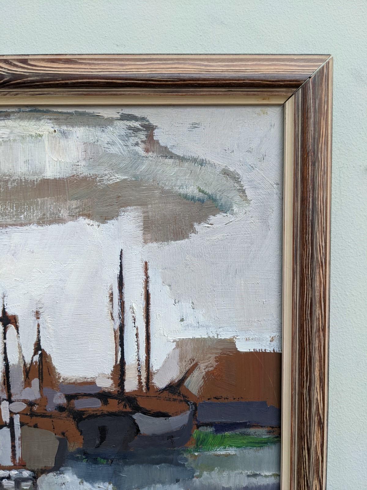 Vintage Mid Century Modern Coastal Landscape Framed Oil Painting - Out at Sea 9