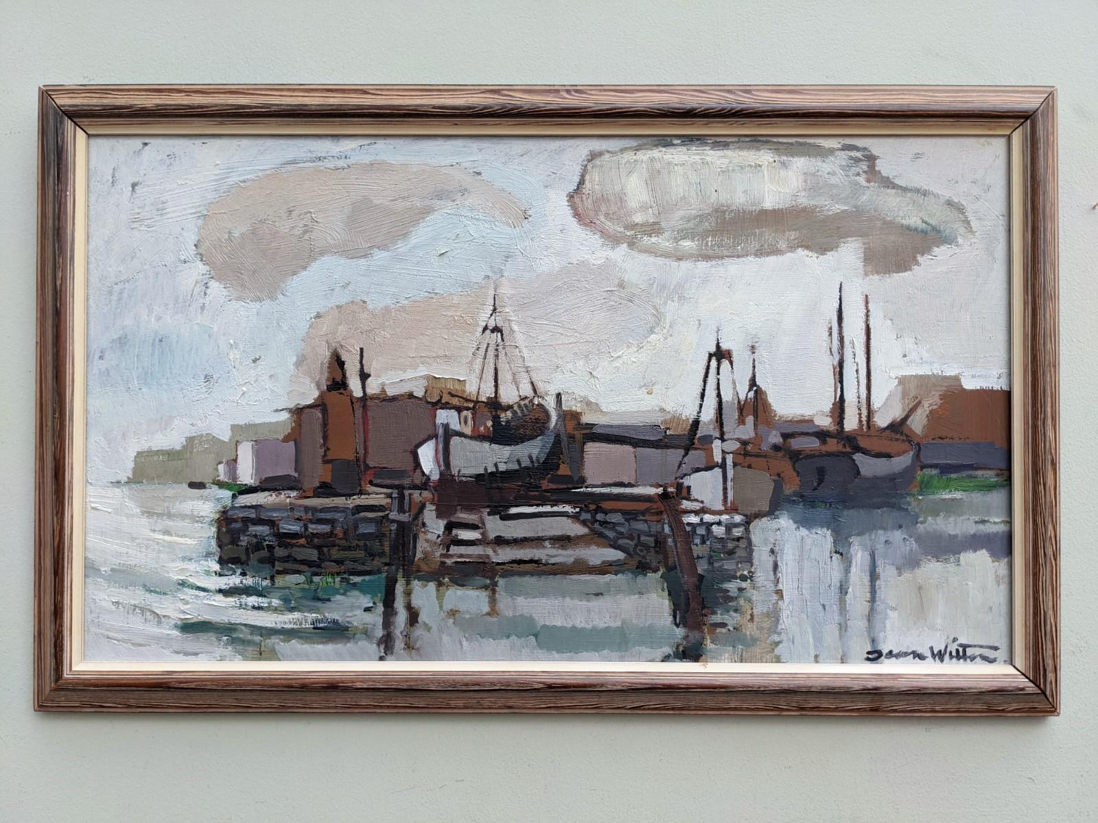 OUT AT SEA
Size: 40 x 65 cm (including frame)
Oil on Board

An outstanding mid century modernist seascape composition, executed in oil onto board.

The painting depicts a scene of boats lined up by a harbour on a cloudy day. There is calm and