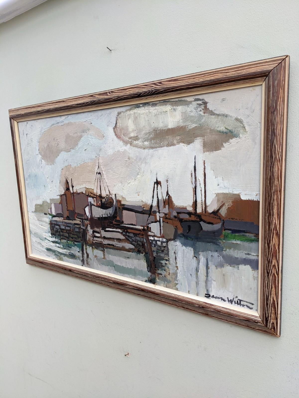 Vintage Mid Century Modern Coastal Landscape Framed Oil Painting - Out at Sea 1