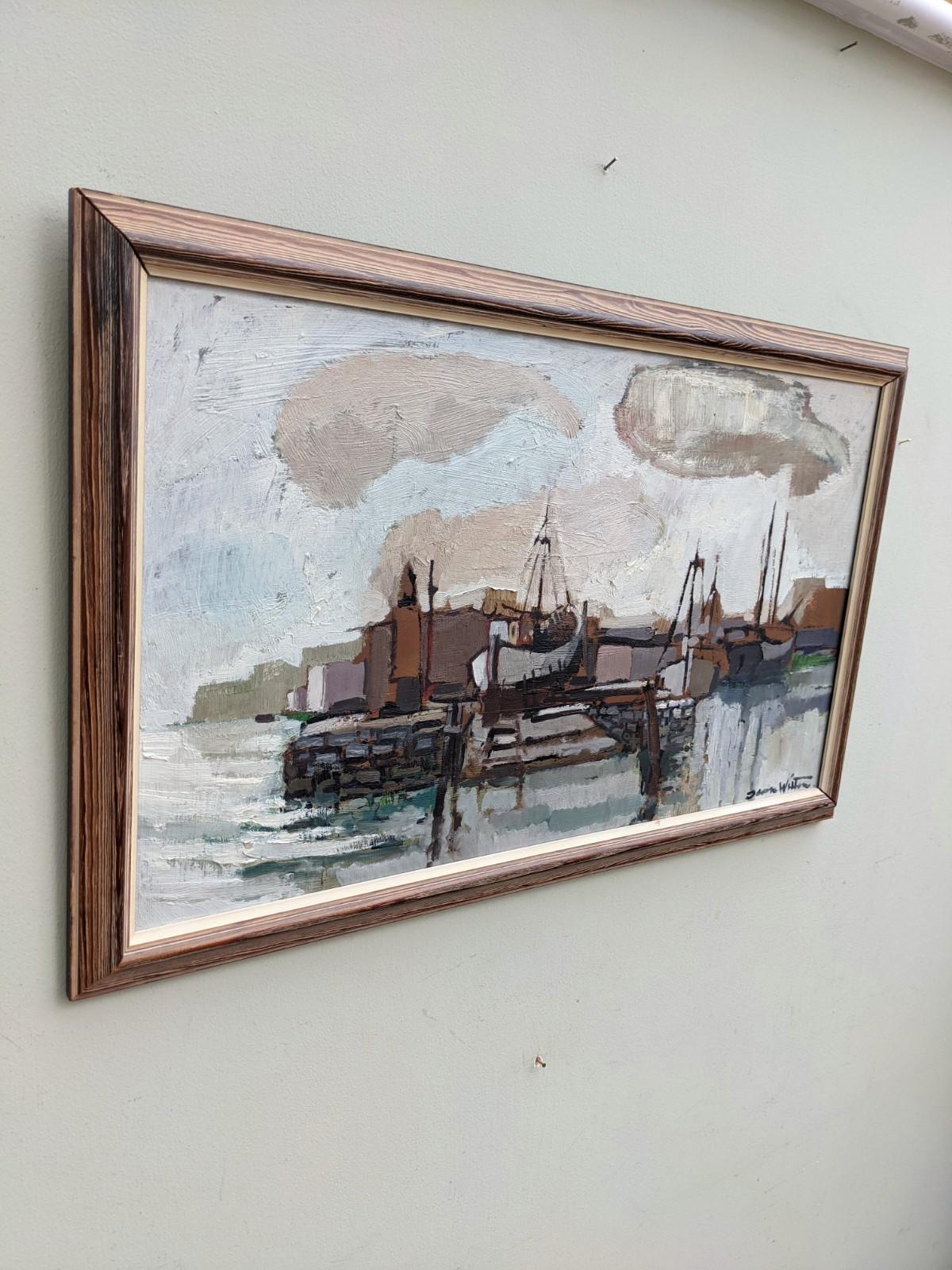 Vintage Mid Century Modern Coastal Landscape Framed Oil Painting - Out at Sea 2