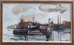 Vintage Mid Century Modern Coastal Landscape Framed Oil Painting - Out at Sea