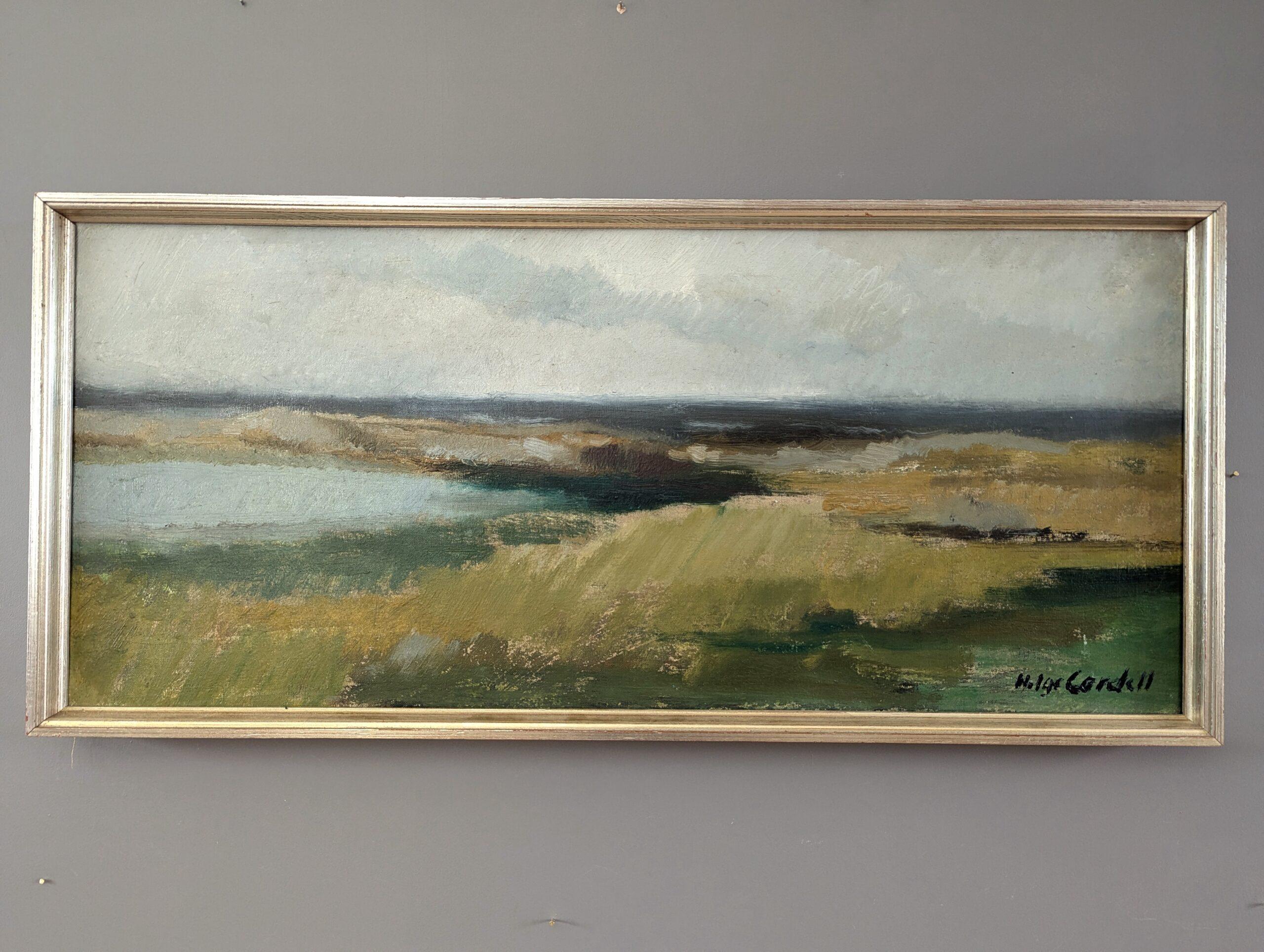 Vintage Mid-Century Modern Coastal Landscape Oil Painting - Una fredda giornata d'autunno - Landscape Painting Marrone di Unknown