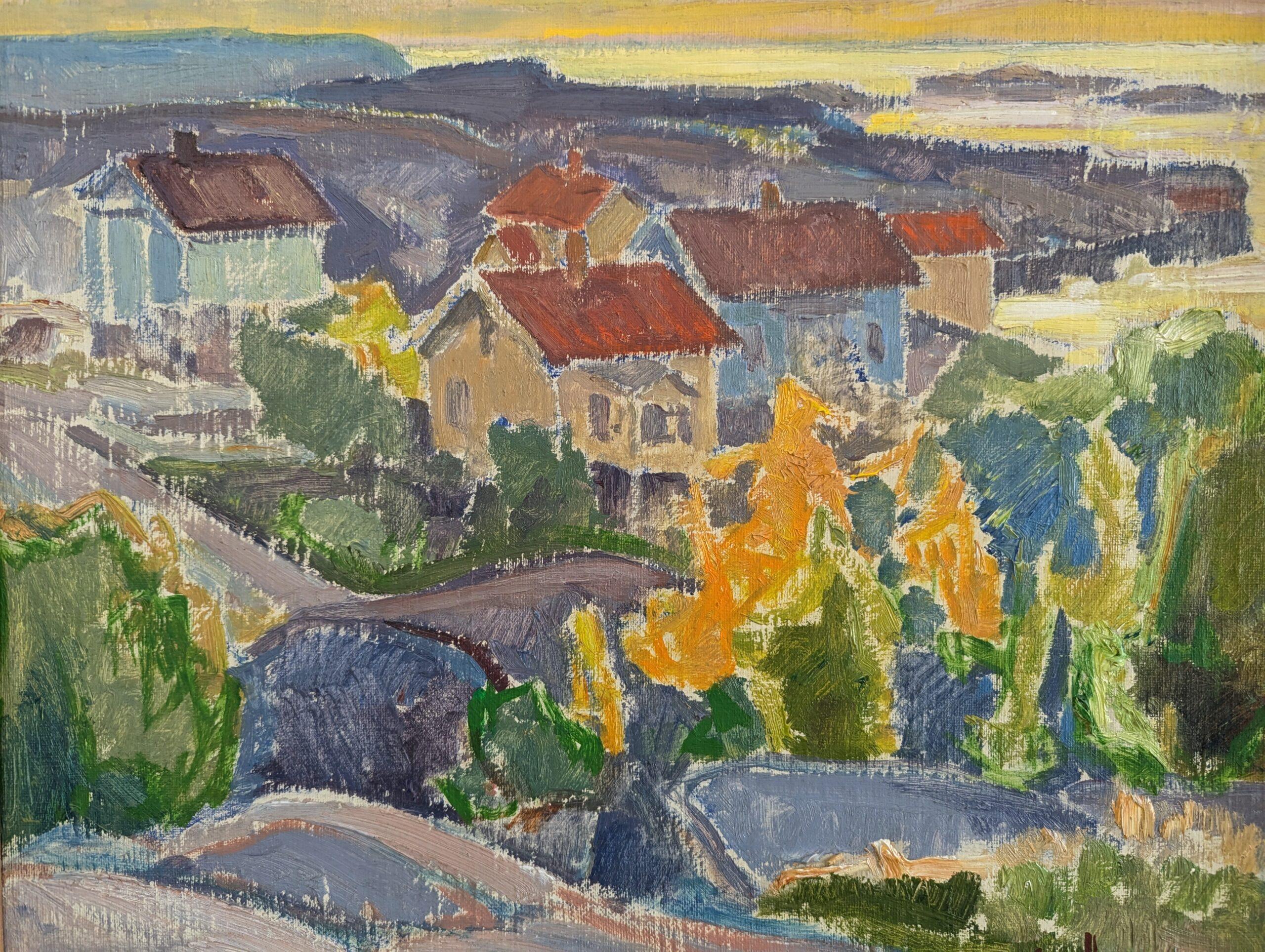 Pintura al óleo vintage de mediados de siglo sobre un paisaje costero moderno -Puesta de sol en el barrio 5