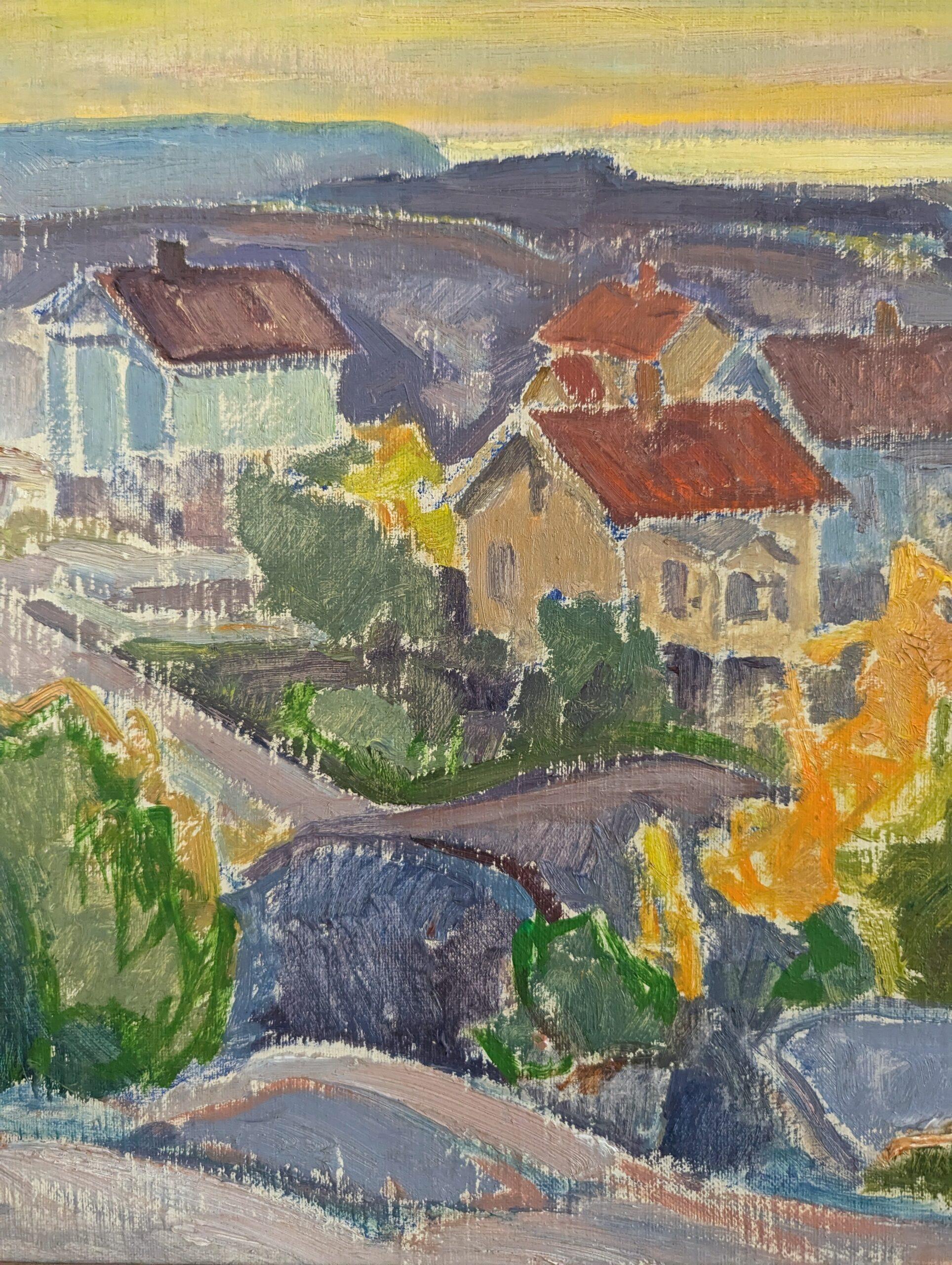 Pintura al óleo vintage de mediados de siglo sobre un paisaje costero moderno -Puesta de sol en el barrio 6