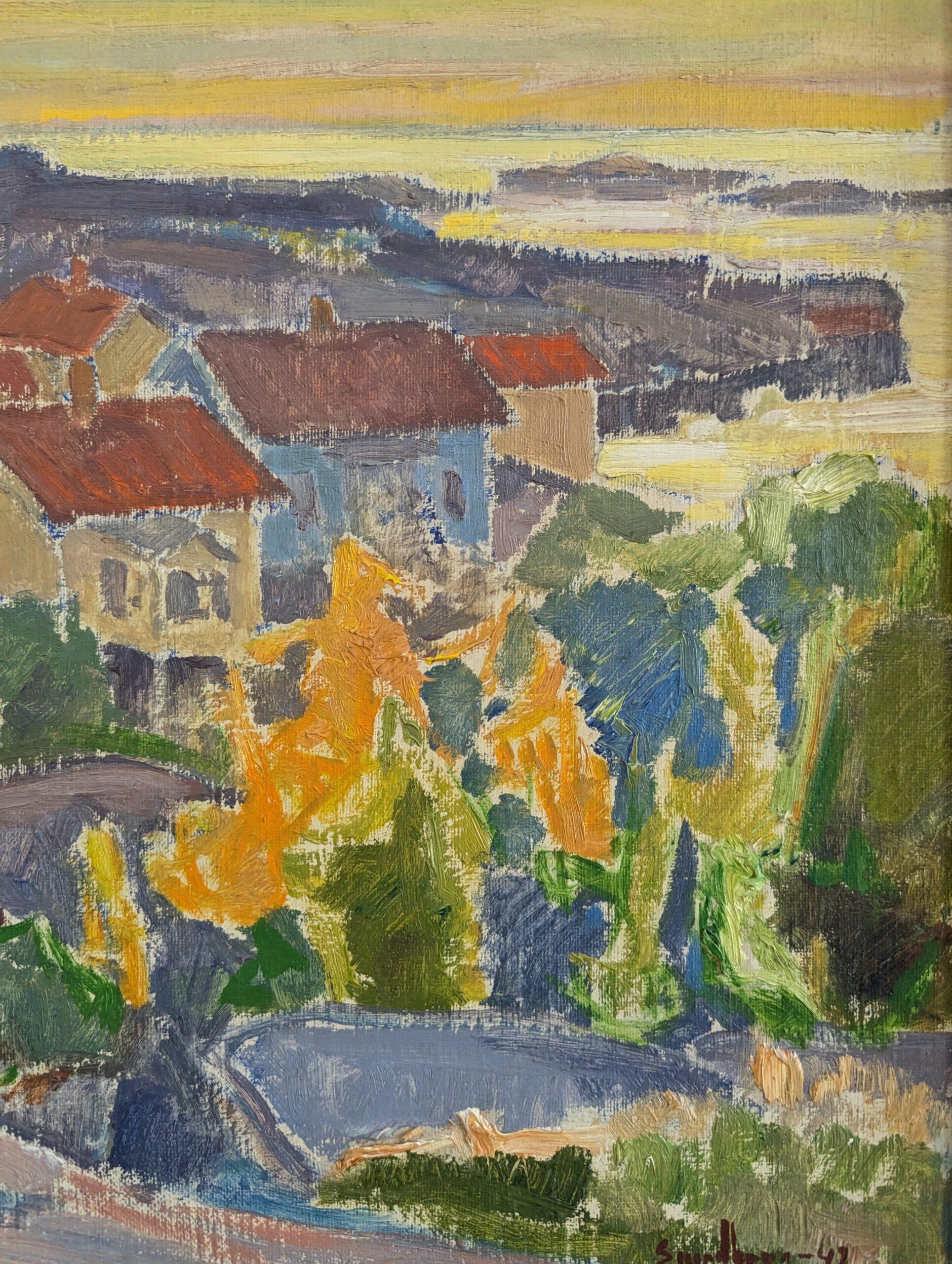 Pintura al óleo vintage de mediados de siglo sobre un paisaje costero moderno -Puesta de sol en el barrio 7