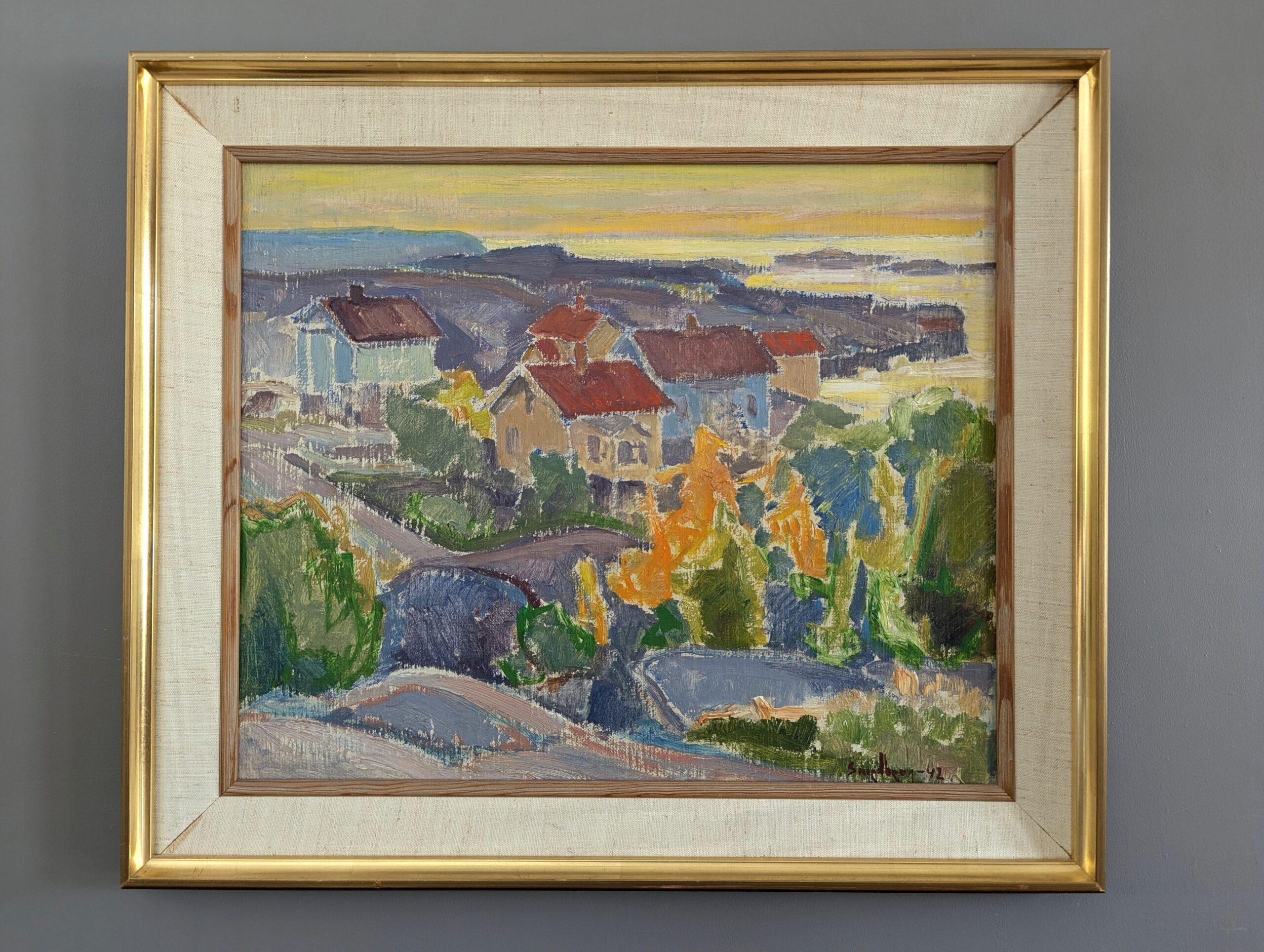 Pintura al óleo vintage de mediados de siglo sobre un paisaje costero moderno -Puesta de sol en el barrio - Painting de Unknown
