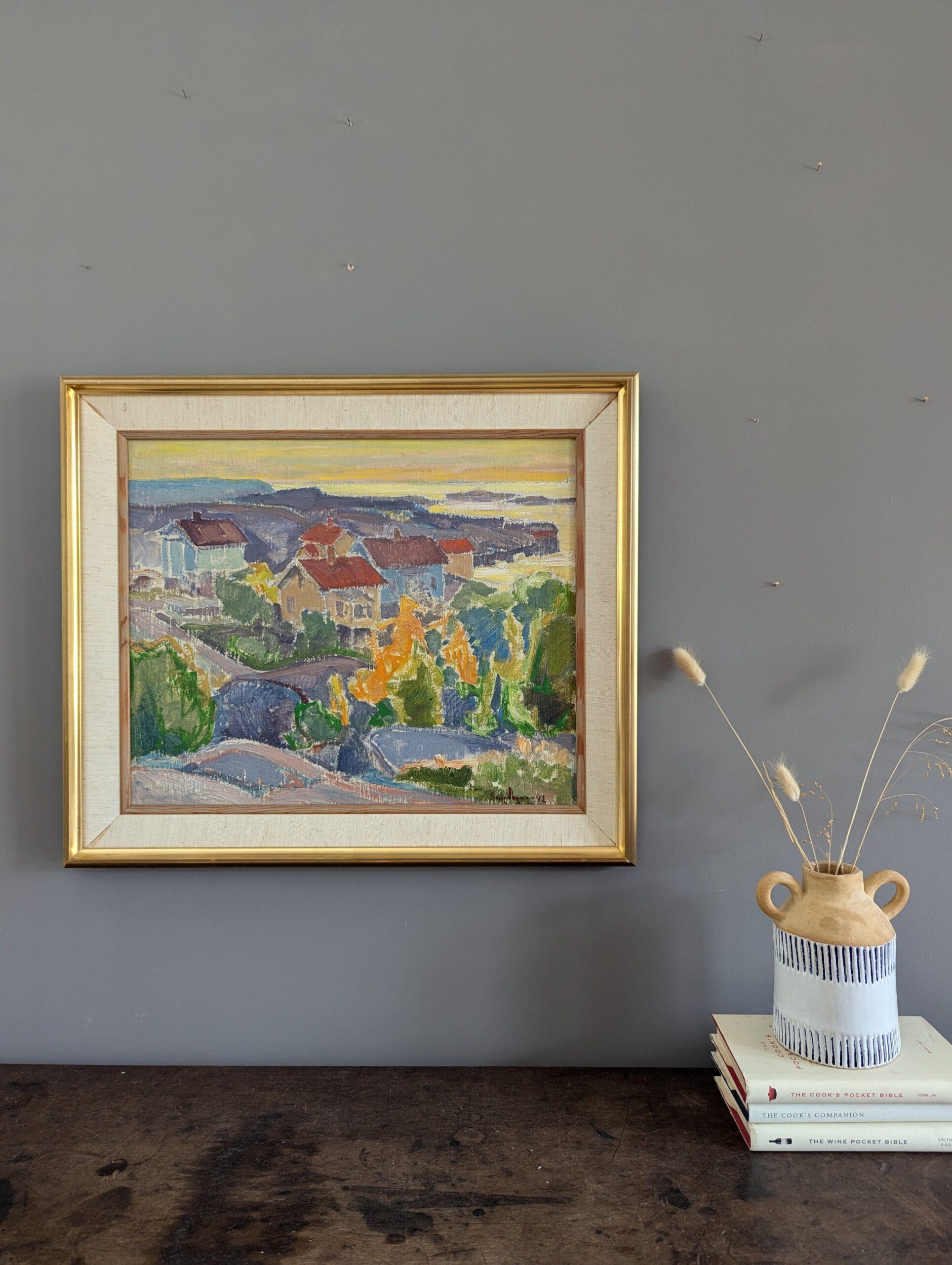 Pintura al óleo vintage de mediados de siglo sobre un paisaje costero moderno -Puesta de sol en el barrio - Painting Moderno de Unknown