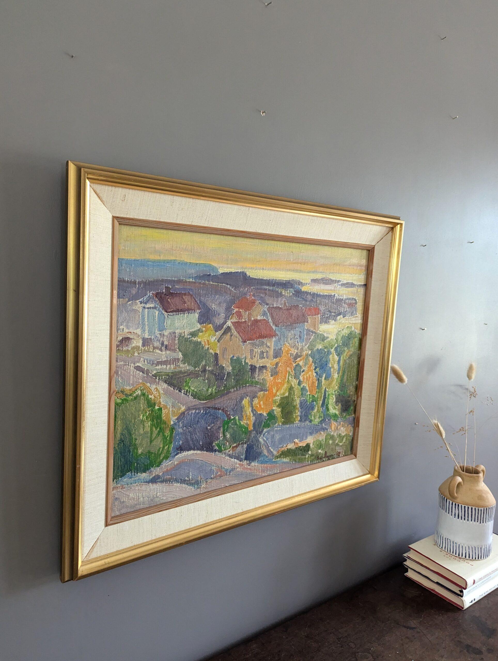 Pintura al óleo vintage de mediados de siglo sobre un paisaje costero moderno -Puesta de sol en el barrio - Landscape Painting Marrón de Unknown