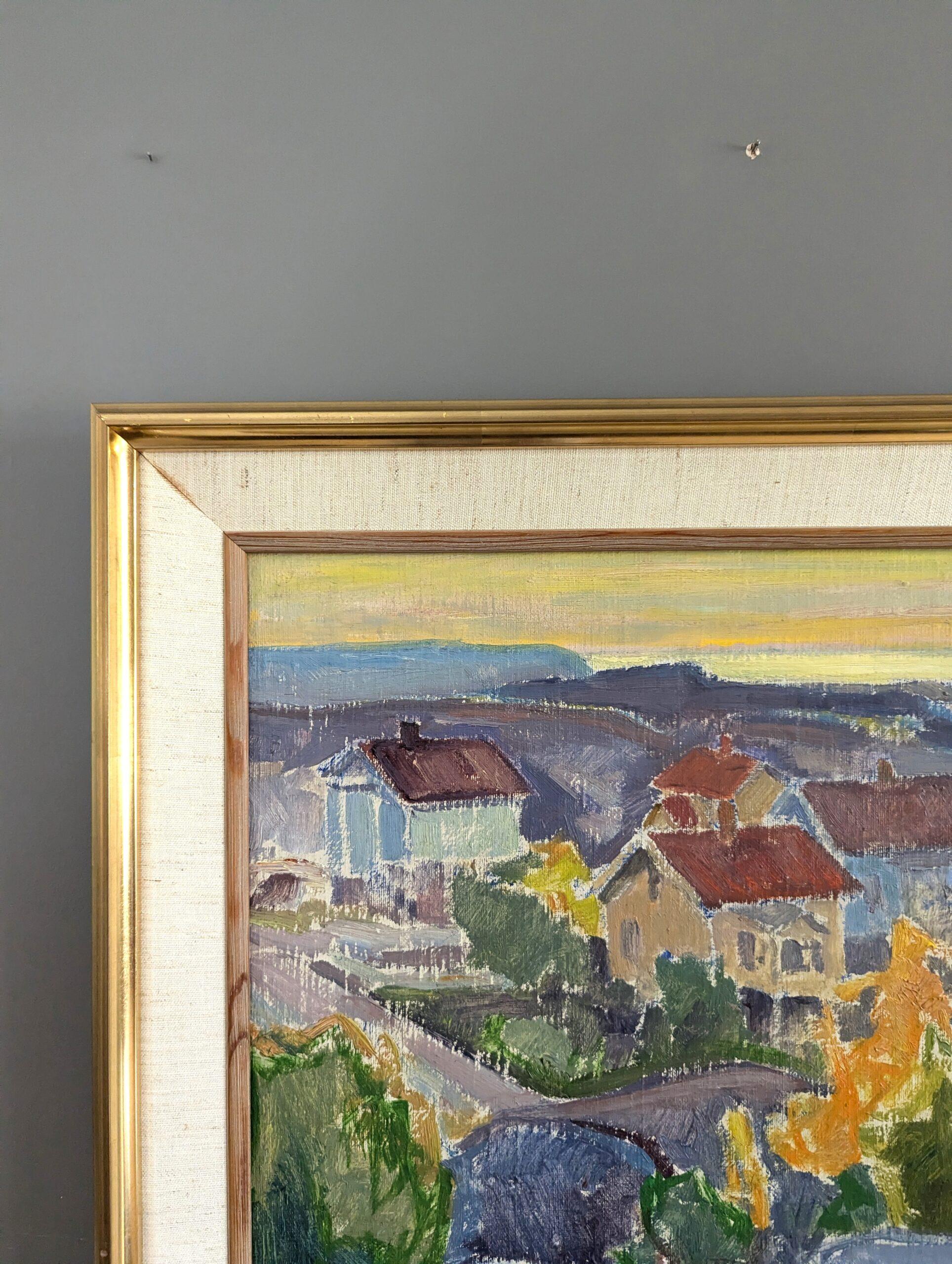 Pintura al óleo vintage de mediados de siglo sobre un paisaje costero moderno -Puesta de sol en el barrio 1
