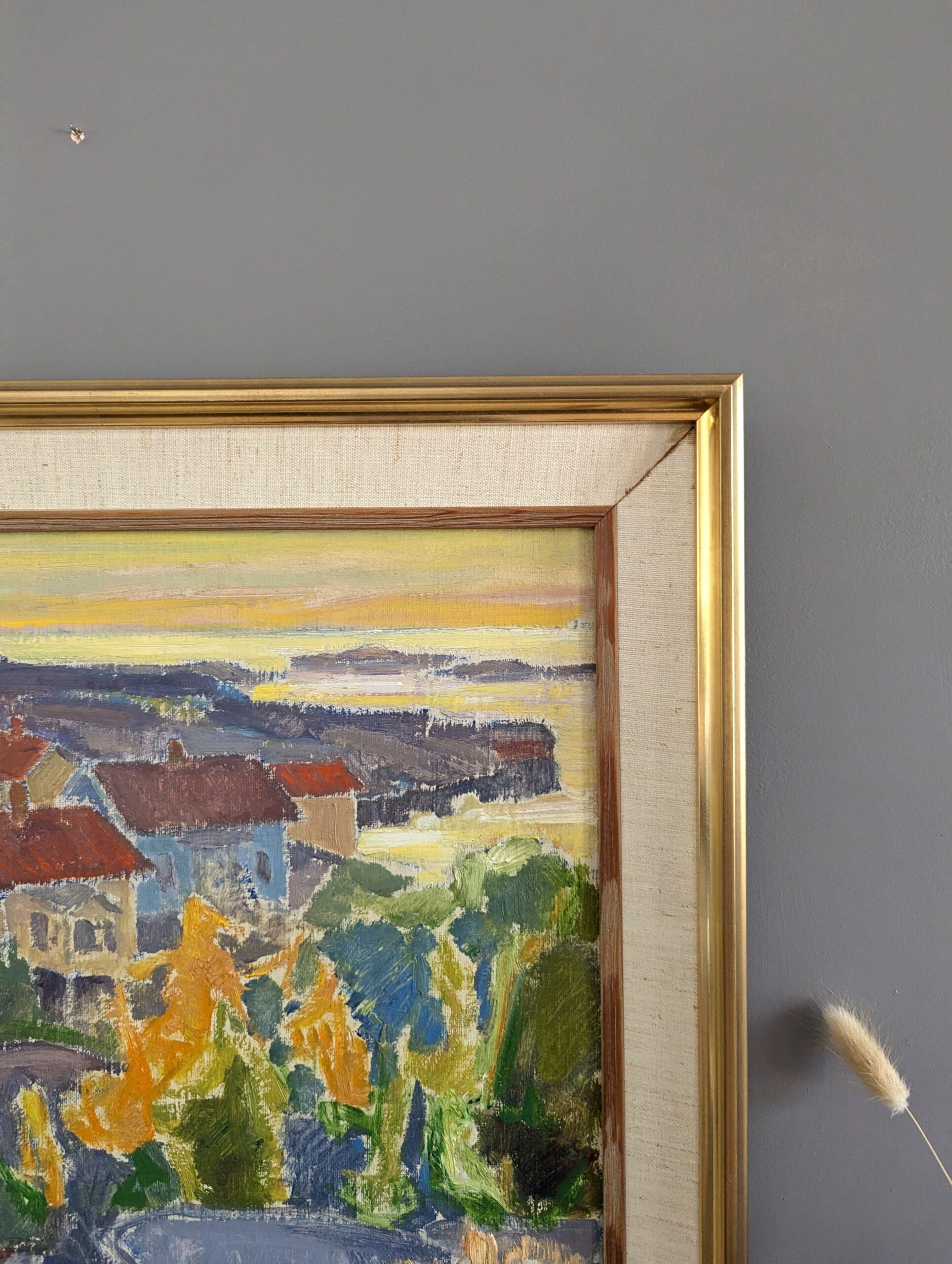 Pintura al óleo vintage de mediados de siglo sobre un paisaje costero moderno -Puesta de sol en el barrio 2