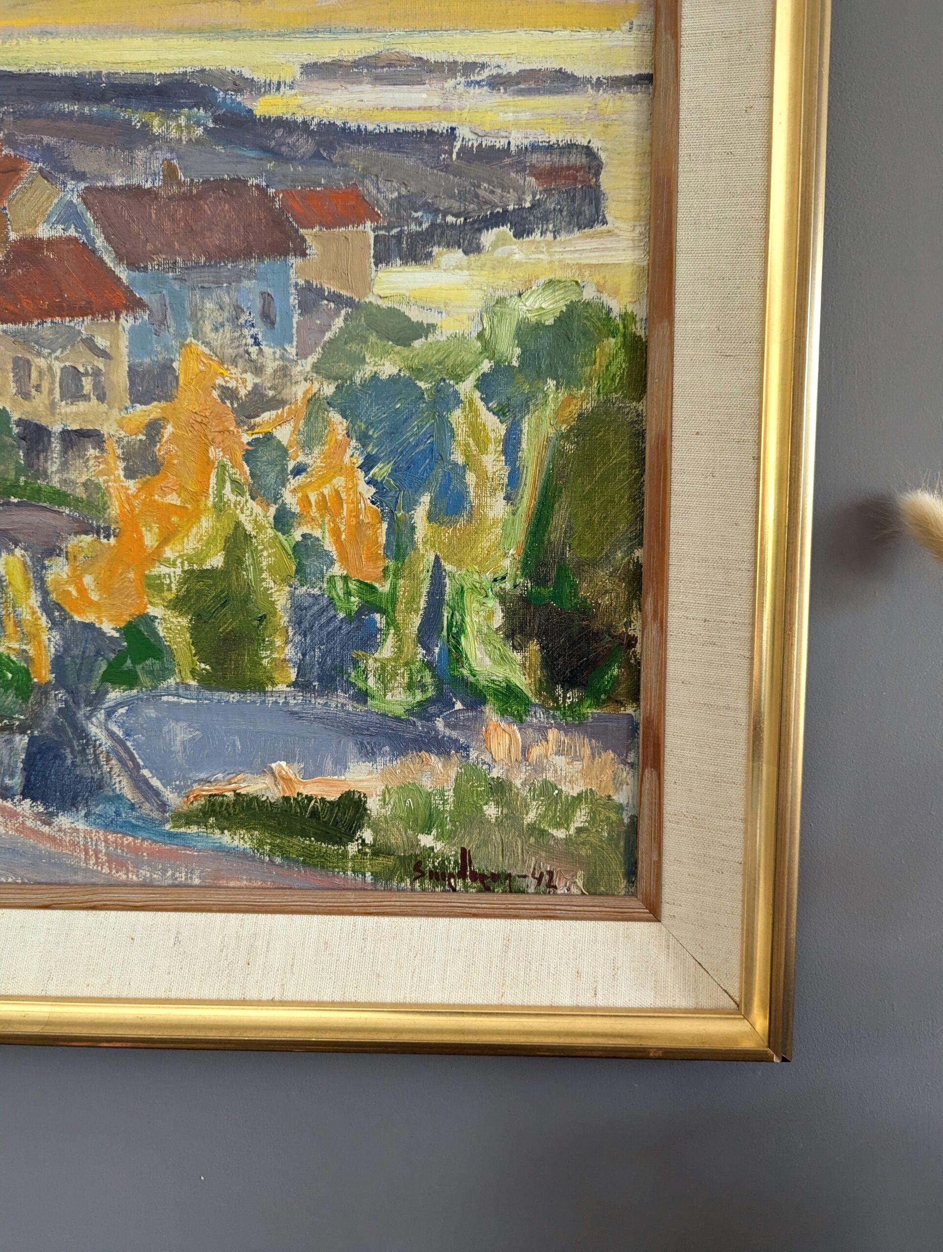 Pintura al óleo vintage de mediados de siglo sobre un paisaje costero moderno -Puesta de sol en el barrio 3