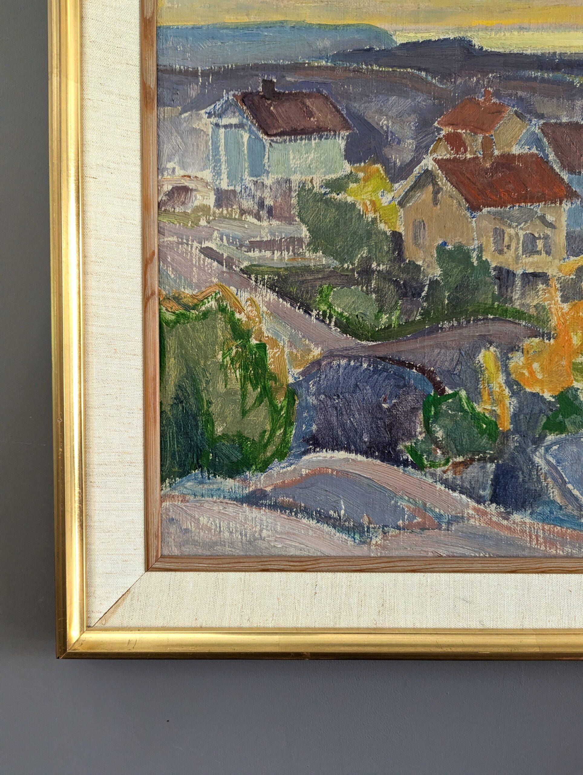 Pintura al óleo vintage de mediados de siglo sobre un paisaje costero moderno -Puesta de sol en el barrio 4