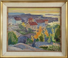 Pintura al óleo vintage de mediados de siglo sobre un paisaje costero moderno -Puesta de sol en el barrio
