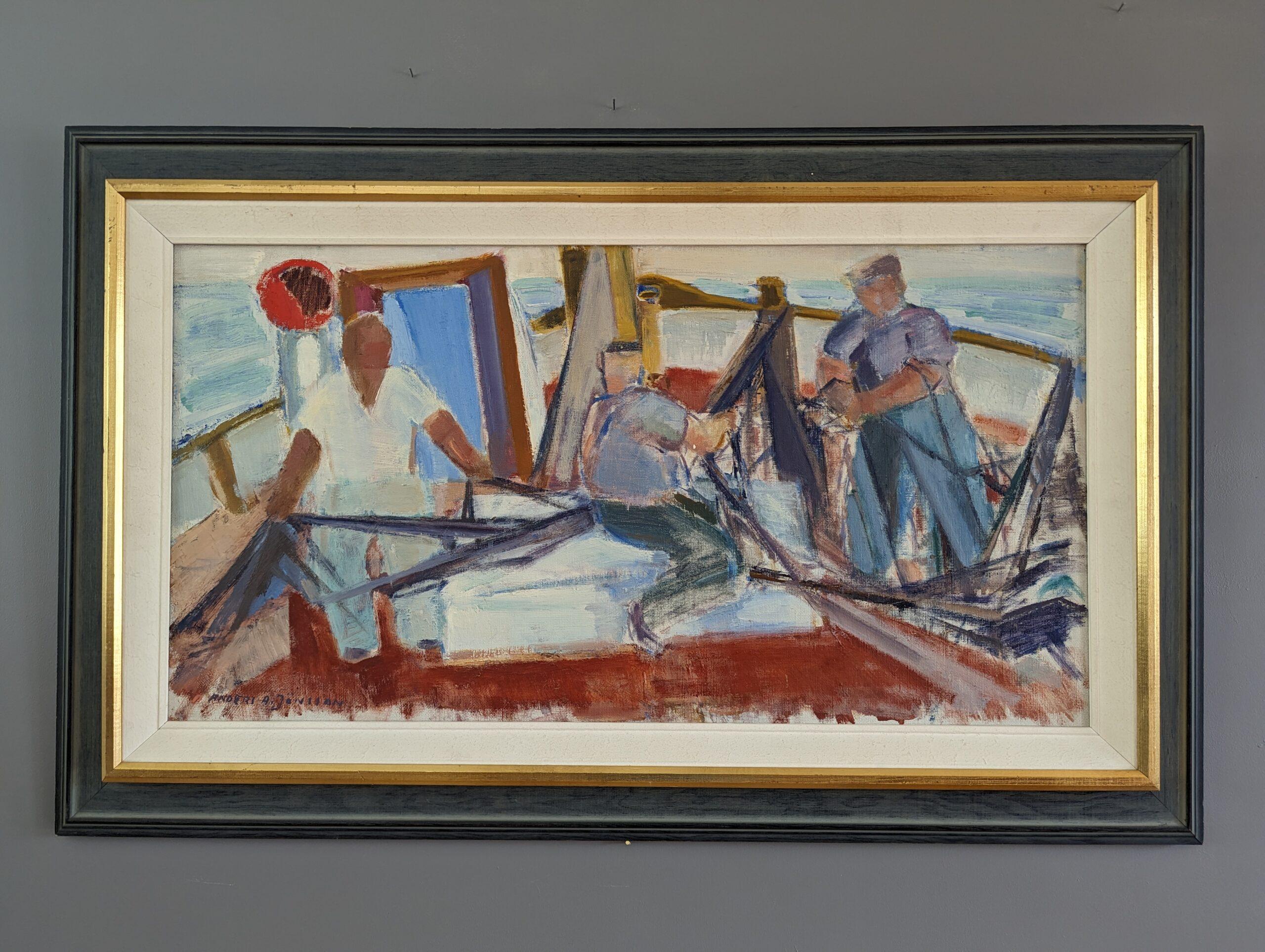 SEA CATCH
Size: 54.5 x 87 cm (including frame)
Oil on Canvas

A brilliantly executed and lively mid-century modernist composition in oil, painted onto canvas.

In this scene, we see a group of three fishermen in a boat out at sea. They appear to