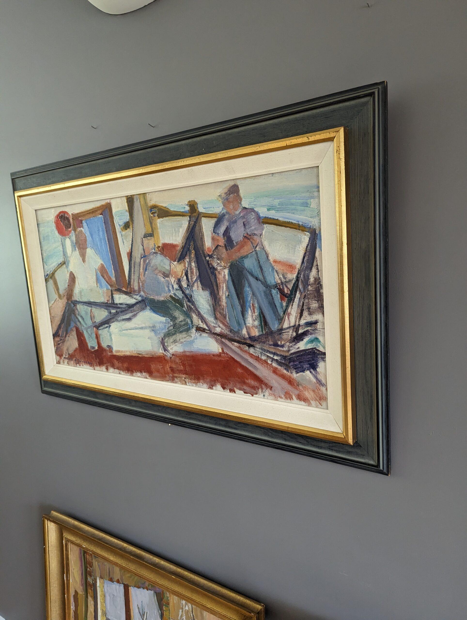 Vintage Mid-Century Modern Expressionist Landscape Oil Painting - Sea Catch For Sale 1