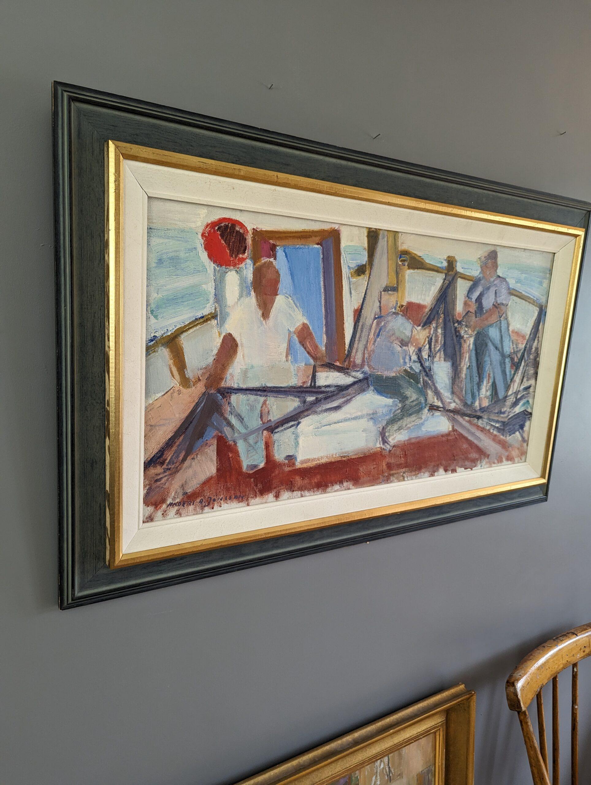 SEA CATCH (ATTRAPE-MER)
Dimensions : 54,5 x 87 cm (cadre compris)
Huile sur toile

Une composition moderniste du milieu du siècle, brillamment exécutée et vivante, à l'huile, peinte sur toile.

Dans cette scène, nous voyons un groupe de trois