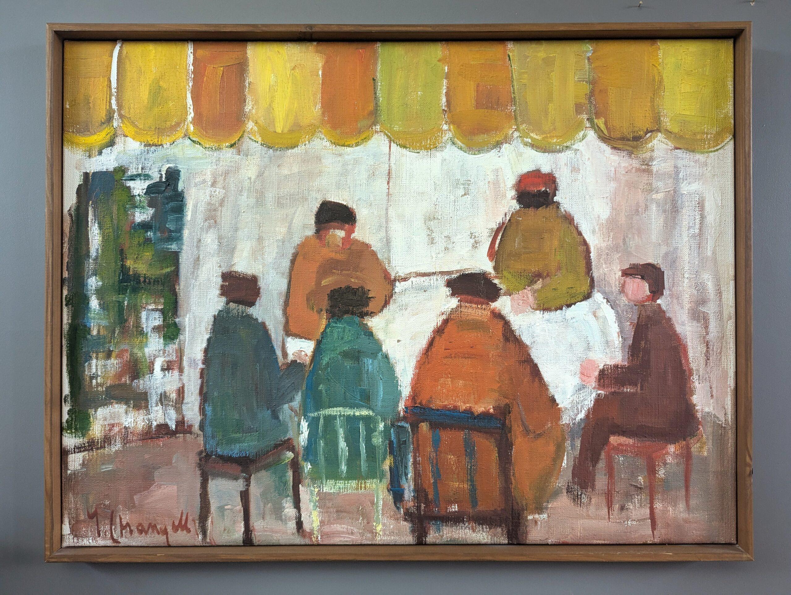 Vintage Mid Century Modern Figurative Interior Oil Painting - Table for Six - Brown Interior Painting by Unknown