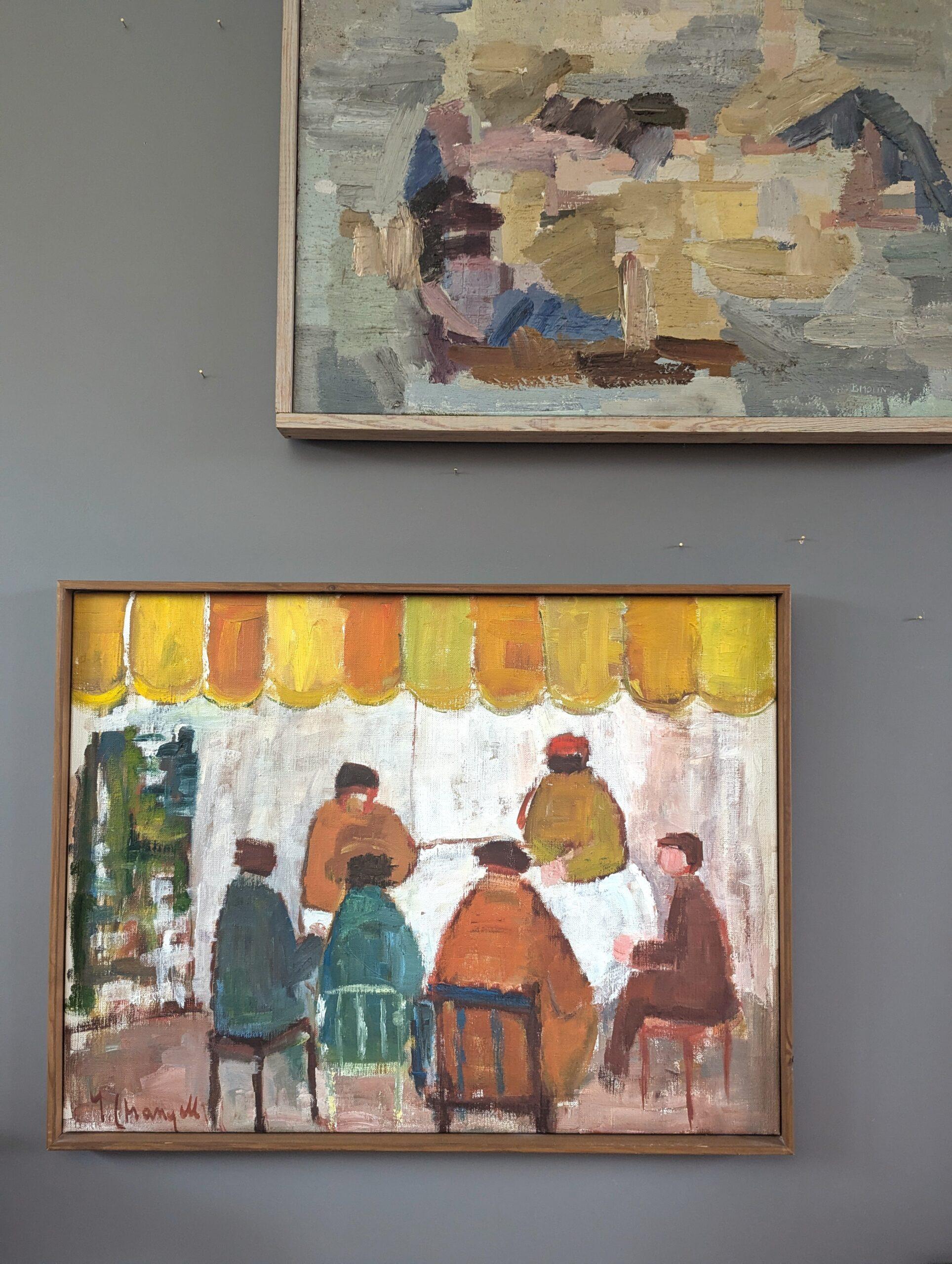 Vintage Mid Century Modern Figurative Interior Oil Painting - Table for Six 1