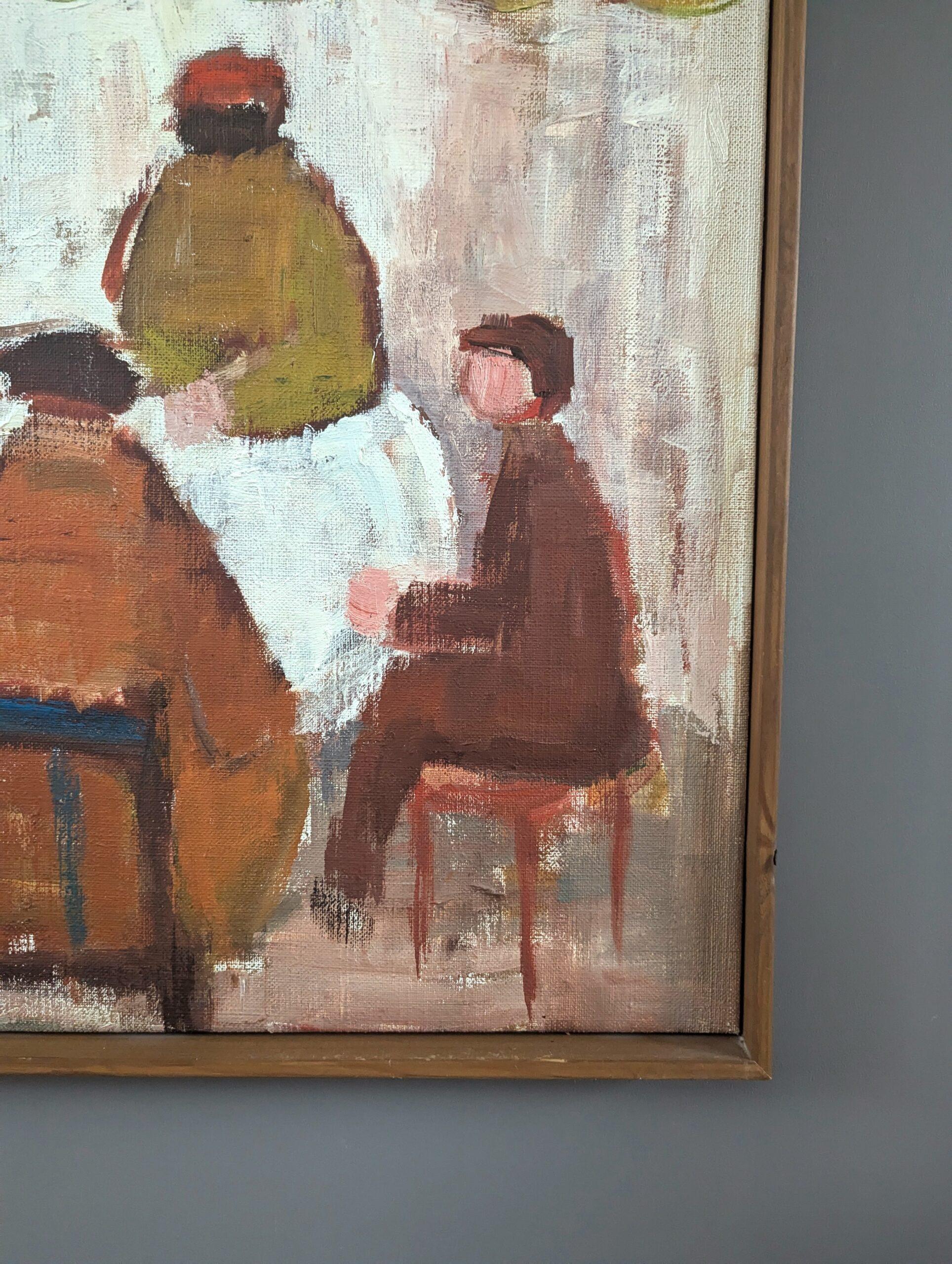 Vintage Mid Century Modern Figurative Interior Oil Painting - Table for Six 6