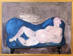 Vintage Mid-Century Modern Figurative Nude Oil Painting - The Blue Couch