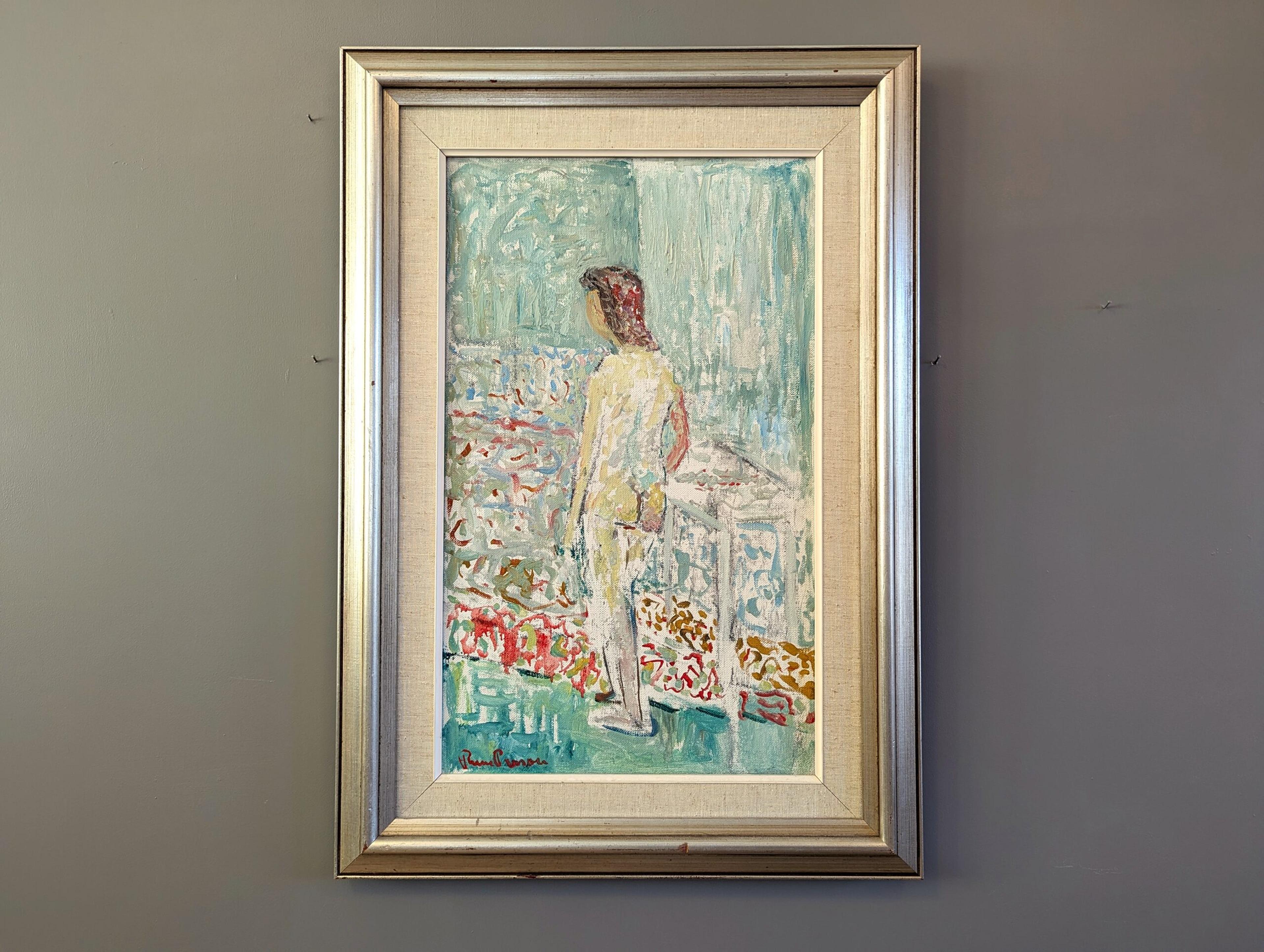 UNNOTICED
Size: 68 x 48 cm (including frame)
Oil on Canvas 

An expressive mid-century nude figurative portrait, executed in oil onto canvas.

A standing nude figure, with their back turned to the viewer and unaware of the observer’s presence,
