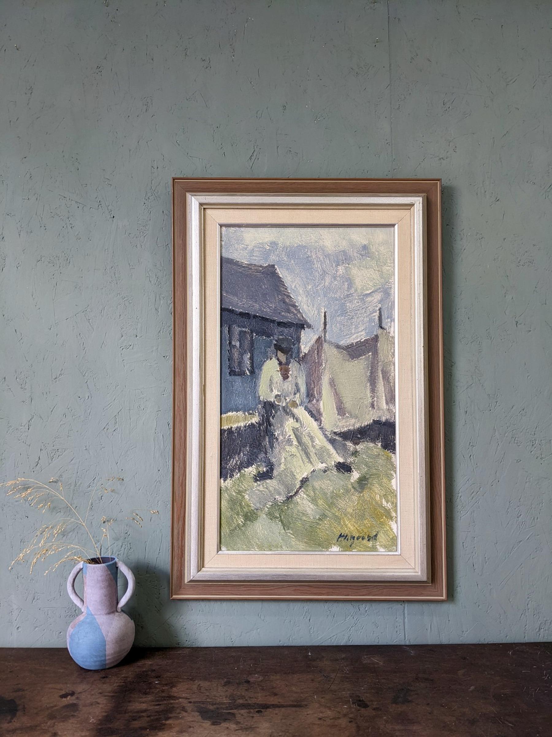 THE FISHERMAN 
Size: 77 x 50 cm (including frame)
Oil on Canvas

A stunning and very well-executed mid century figurative composition, painted in oil onto canvas.

The painting portrays a fisherman in front of a house in a landscape setting, as he