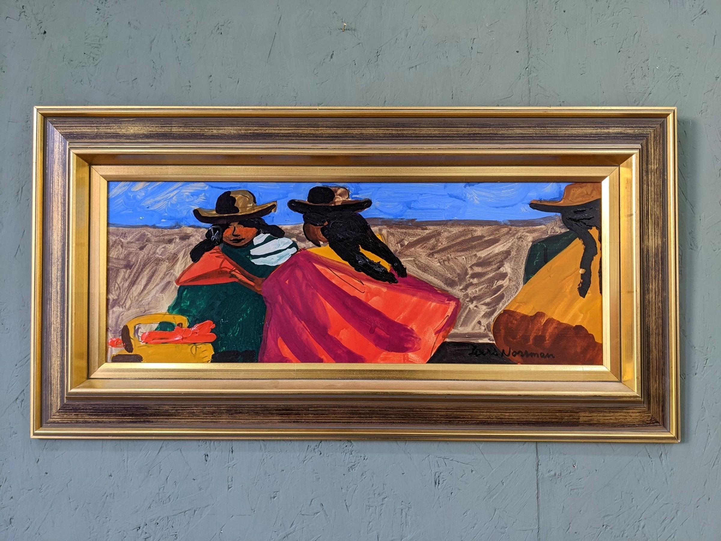 THE TRIBE 
Size: 35 x 67.5 cm (including frame)
Oil on Board

A very striking mid century oil and gouache figurative composition, executed onto board.

The composition presents 3 figures in a landscape setting, and with a basket of goods placed