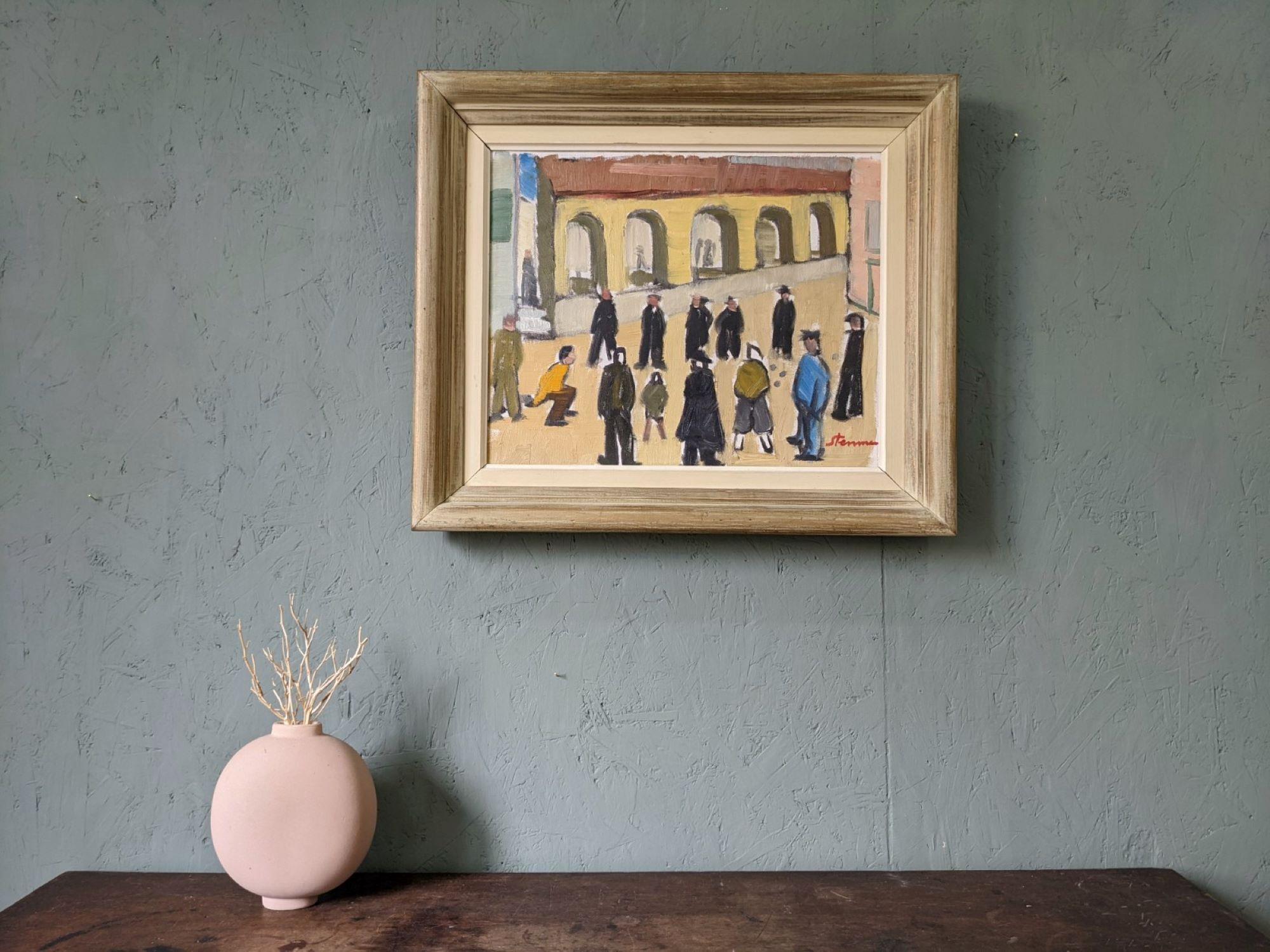 Vintage Mid-Century Modern Figurative Oil Painting - A Game of Petanque, Framed 8