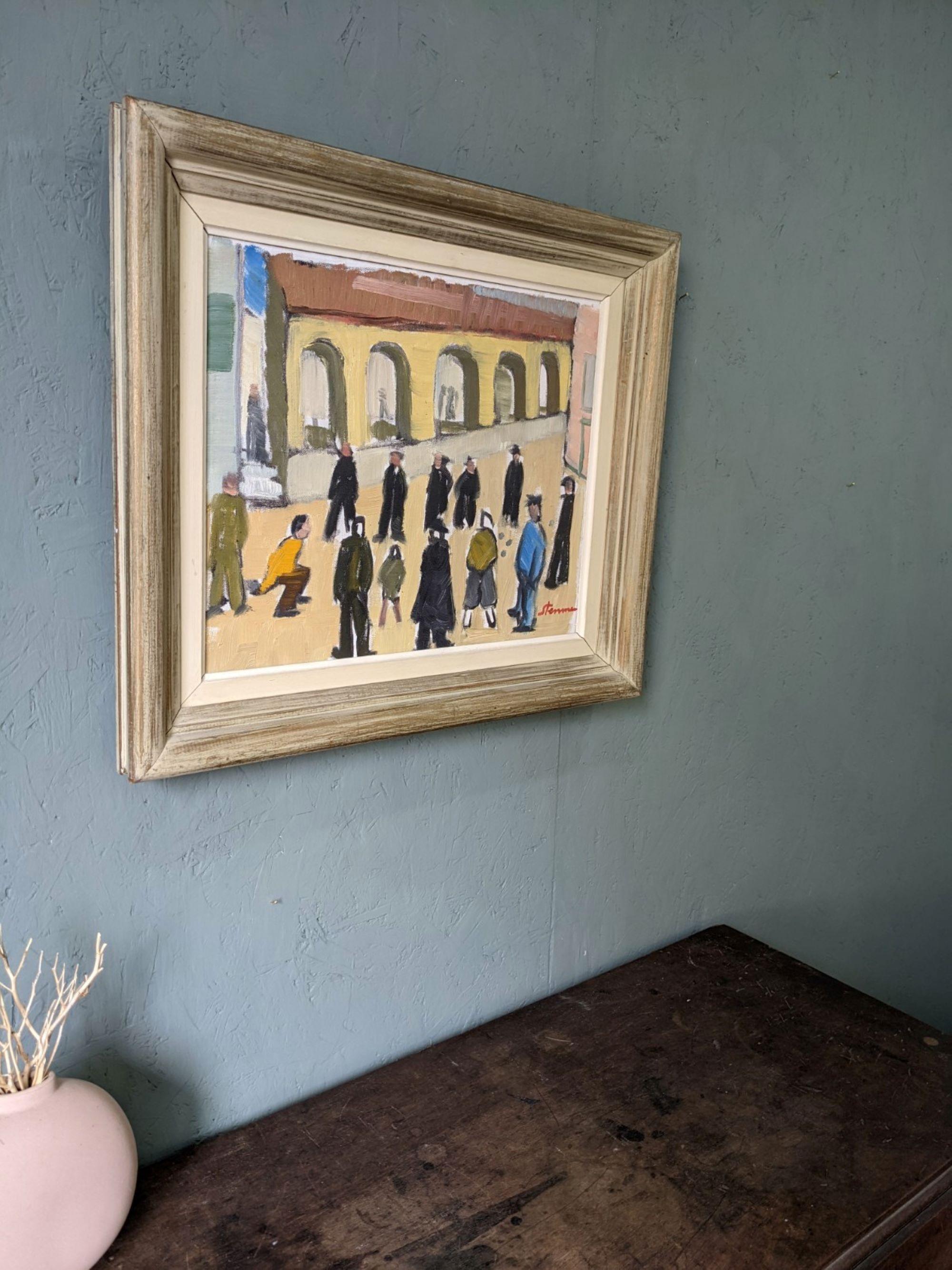 A GAME OF PETANQUE
Size: 46 x 54 cm (including frame)
Oil on canvas

A fun and charming mid-century narrative oil painting depicting a group of figures in the middle of a town square engaging in a game of pétanque.

The use of expressive