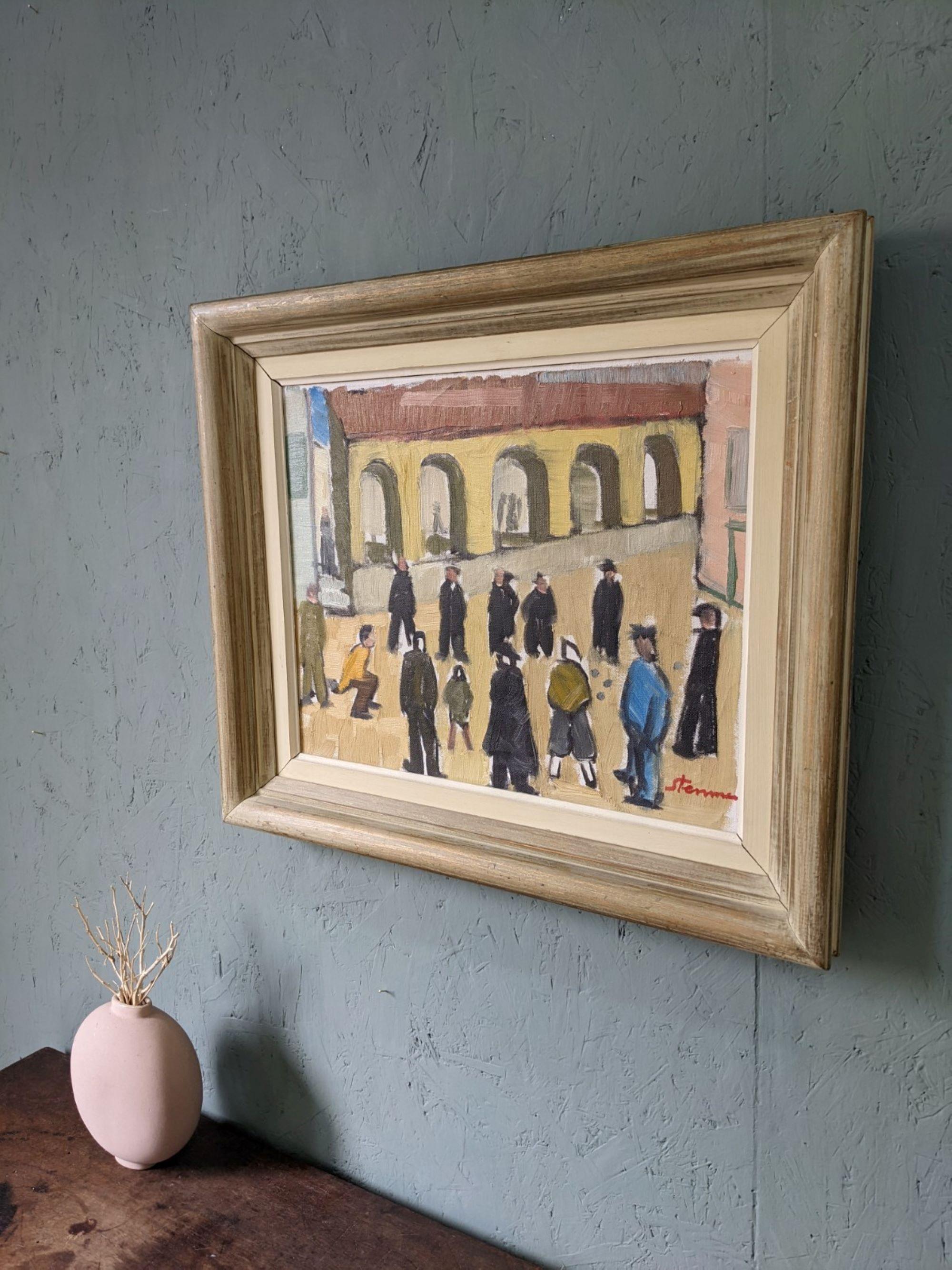 Vintage Mid-Century Modern Figurative Oil Painting - A Game of Petanque, Framed 1