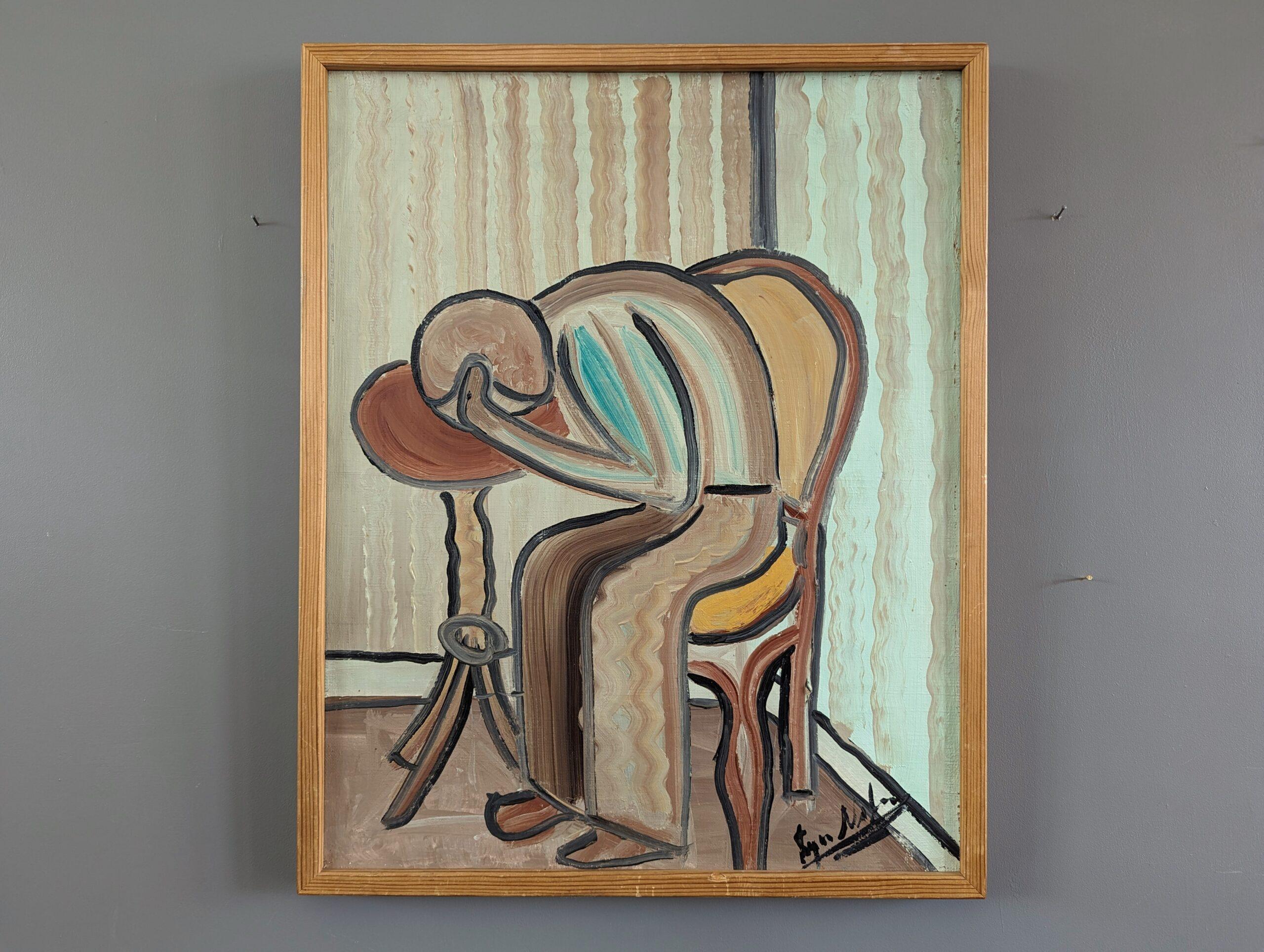 THE HUMAN CONDITION
Size: 54 x 44 cm (including frame)
Oil on canvas

A wonderfully executed mid-century composition that portrays a poignant scene within the confines of an interior setting, painted in oil onto canvas.

The central figure, slouched