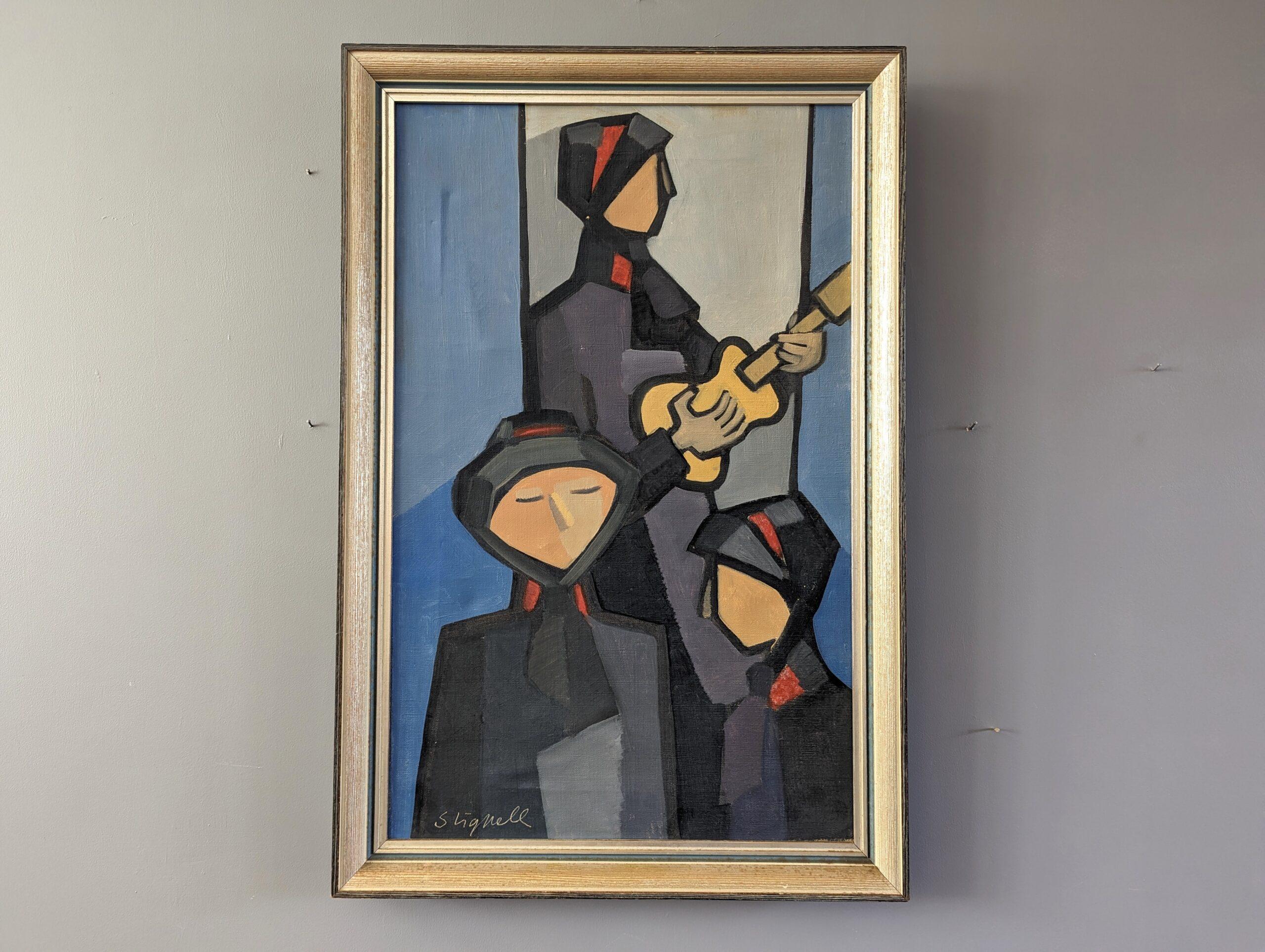 THREE MUSICIANS 
Size: 63 x 42 cm (including frame)
Oil on Canvas

A striking mid-century figurative composition, executed in oil onto canvas.

Three figures are depicted, presumably musicians. The central figure stands prominently, holding a