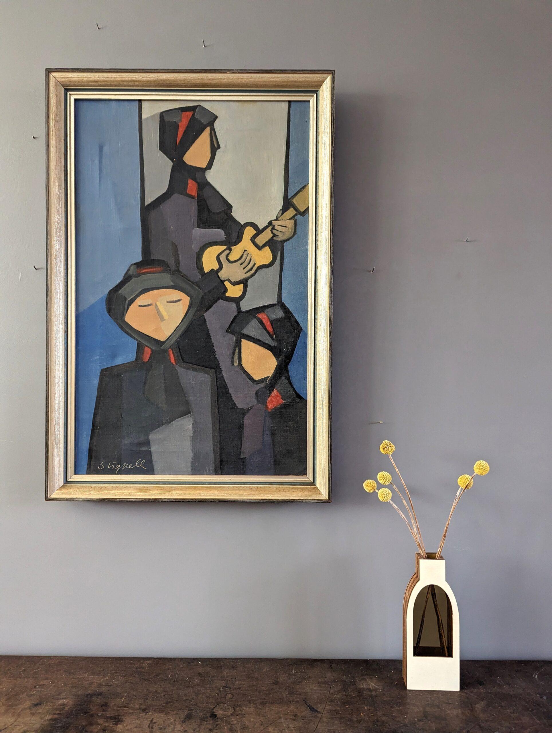 Pittura ad olio figurativa d'epoca della metà del secolo scorso - Tre musicisti - Painting Moderno di Unknown