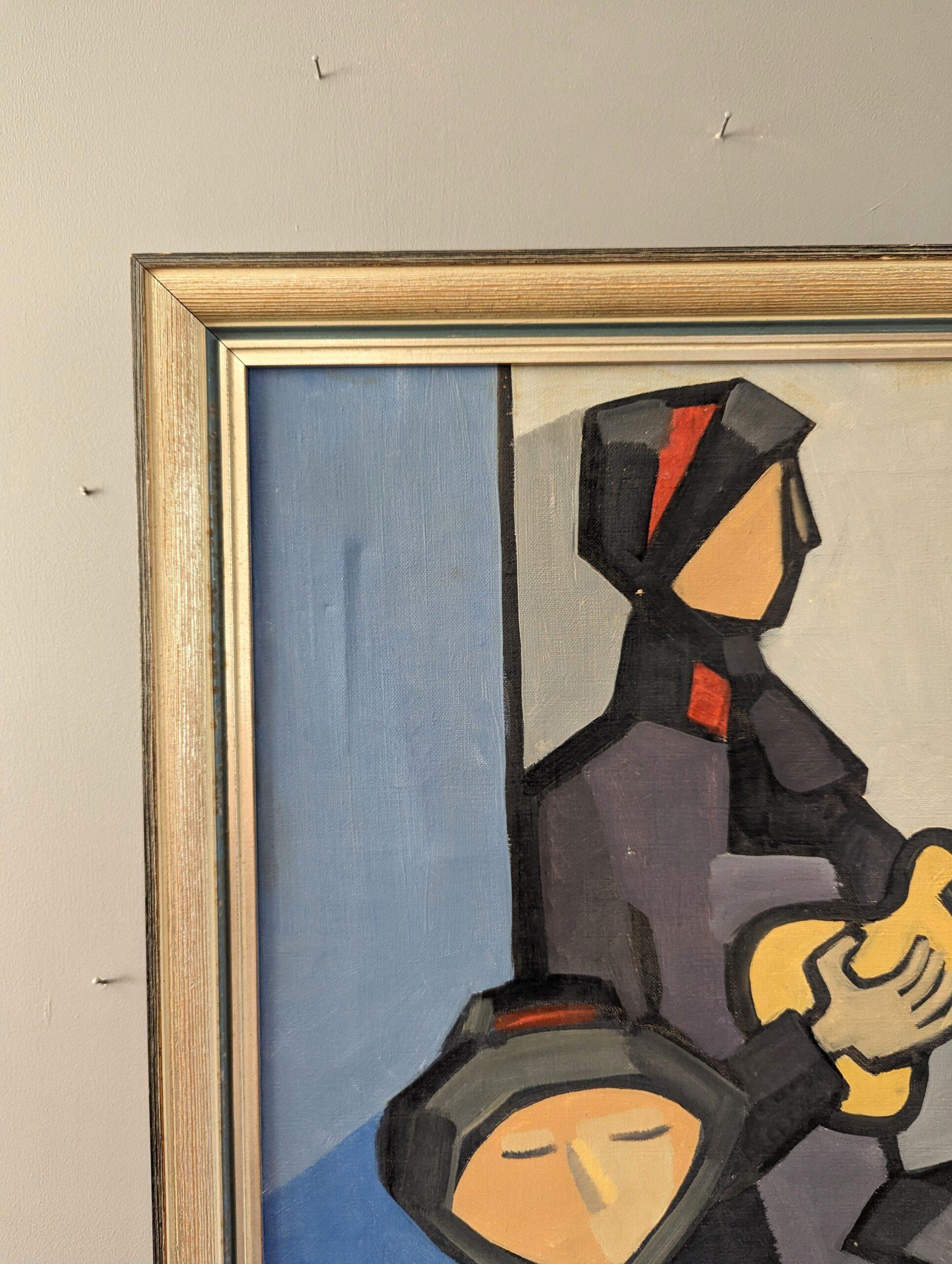 TRE MUSICISTI 
Dimensioni: 63 x 42 cm (cornice inclusa)
Olio su tela

Un'impressionante composizione figurativa di metà secolo, eseguita a olio su tela.

Sono raffigurate tre figure, presumibilmente musicisti. La figura centrale è in primo piano e