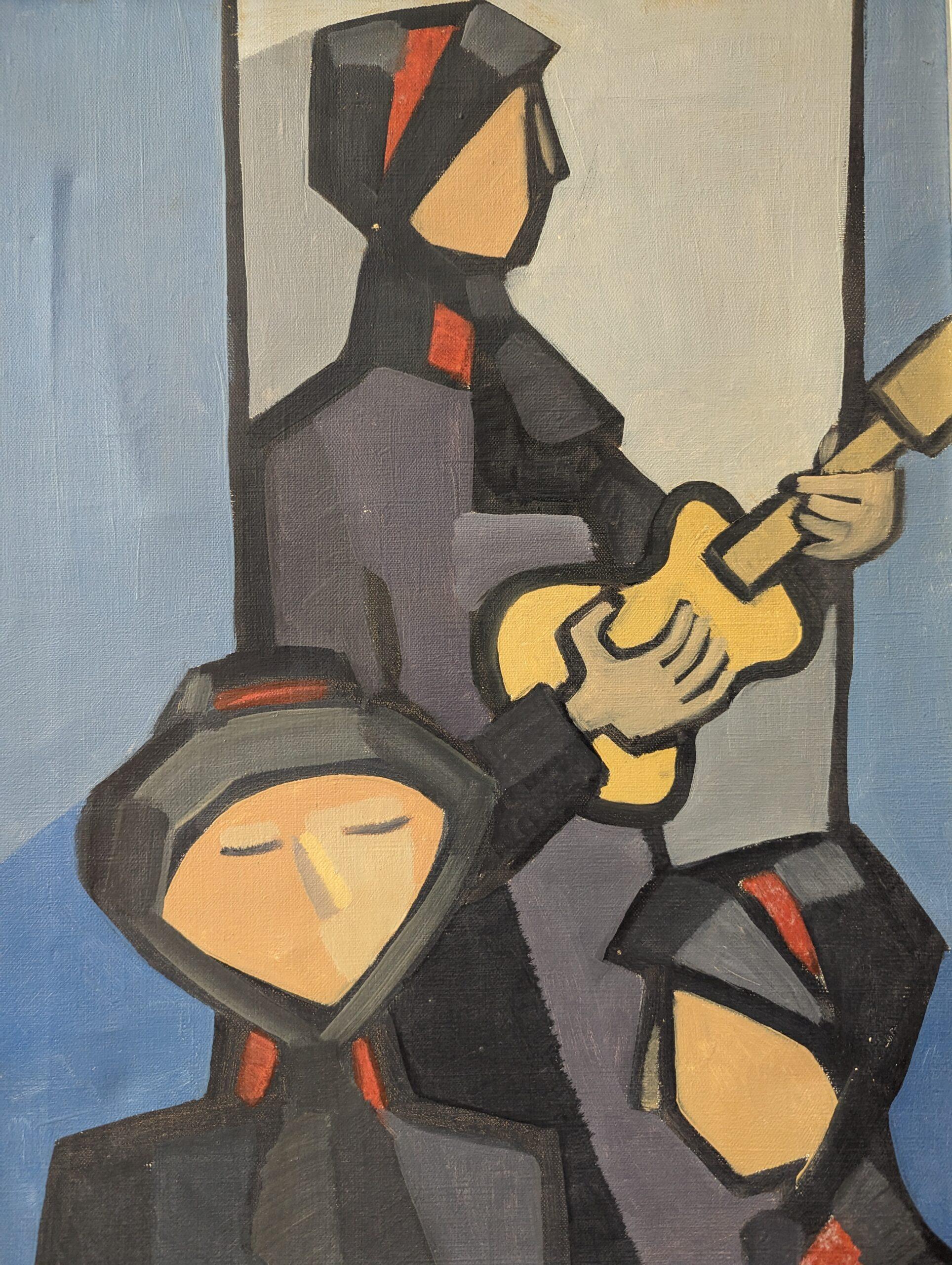Vintage Mid-Century Modern Figurative Oil Painting - Three Musicians For Sale 6
