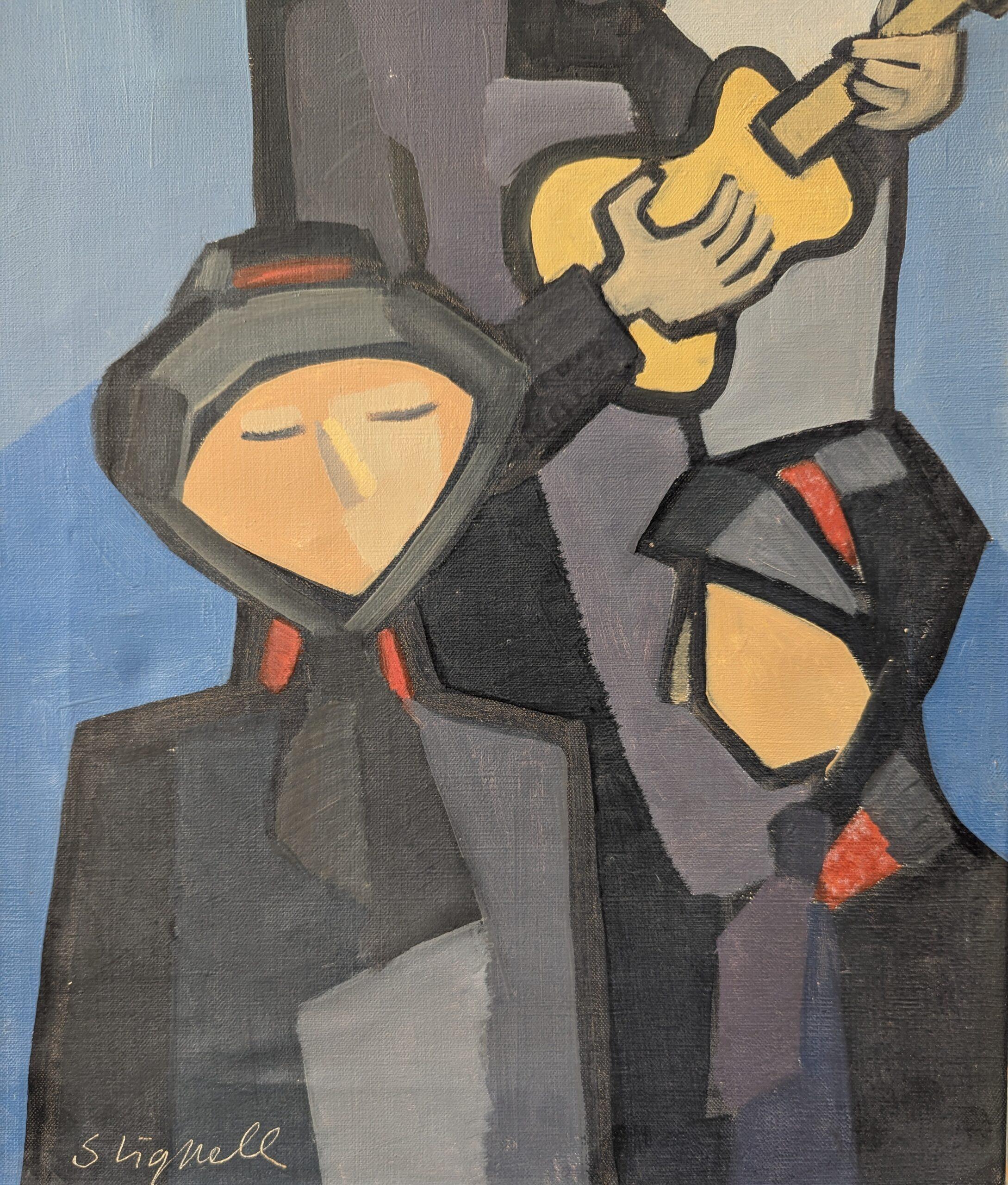 Pittura ad olio figurativa d'epoca della metà del secolo scorso - Tre musicisti 5