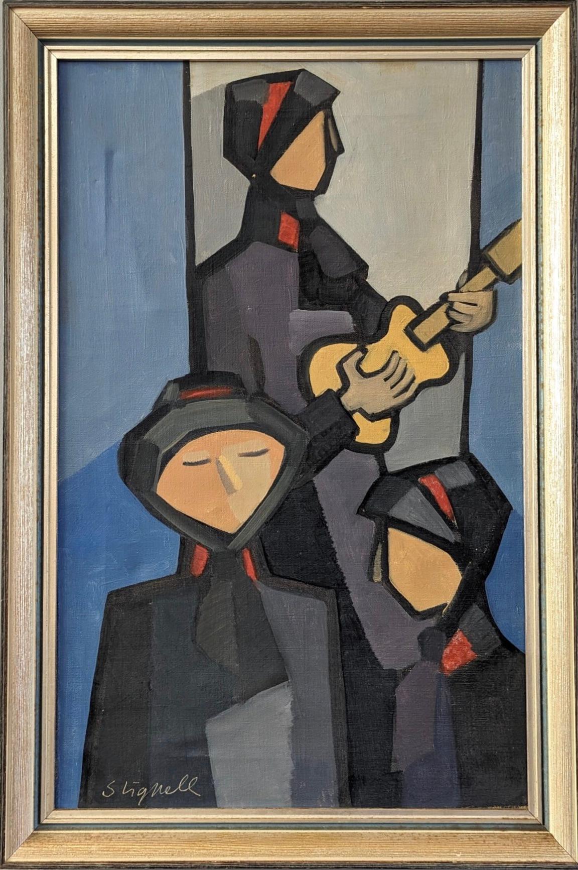 Unknown Figurative Painting - Vintage Mid-Century Modern Figurative Oil Painting - Three Musicians