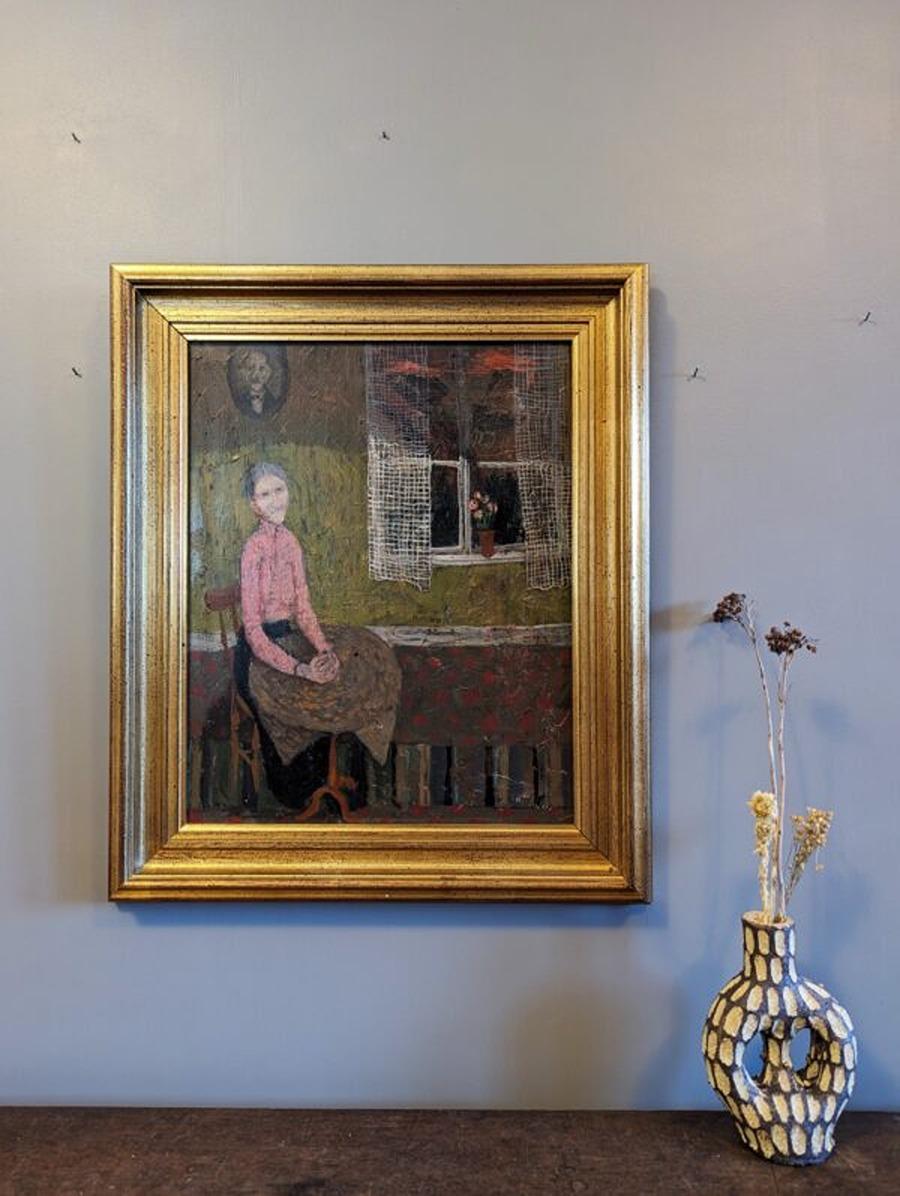 LONE
Oil on Board
Size: 52 x 44.5 cm (including frame)

A very well done mid-century modernist portrait composition, executed in oil onto board.

A single seated figure sits alone, looking out as us viewers. Her expression is gentle, yet there seems