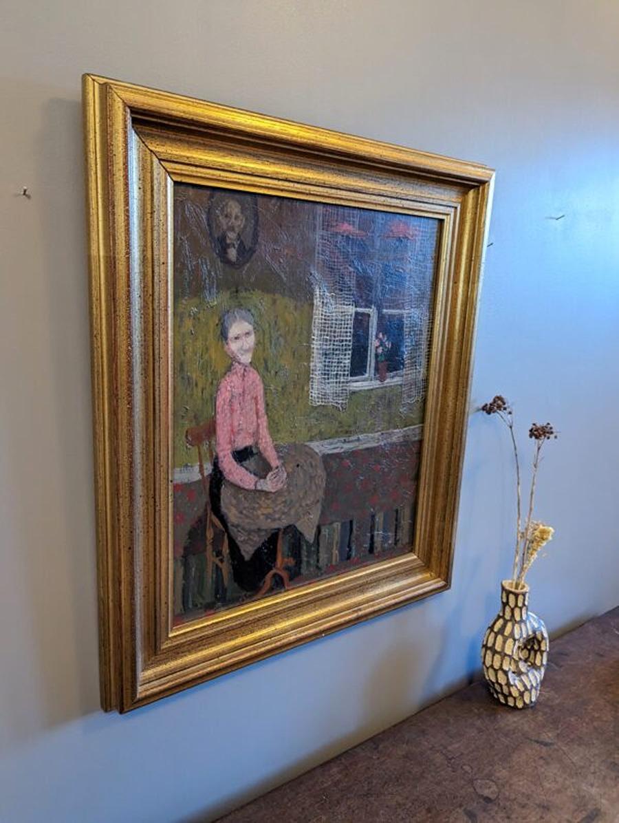 Vintage Mid-Century Modern Figurative Portrait Framed Oil Painting - Lone For Sale 1