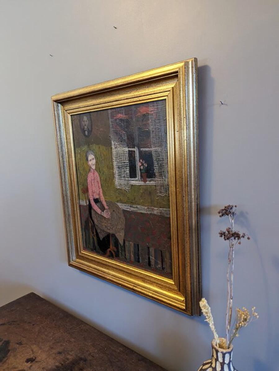 Vintage Mid-Century Modern Figurative Portrait Framed Oil Painting - Lone For Sale 2