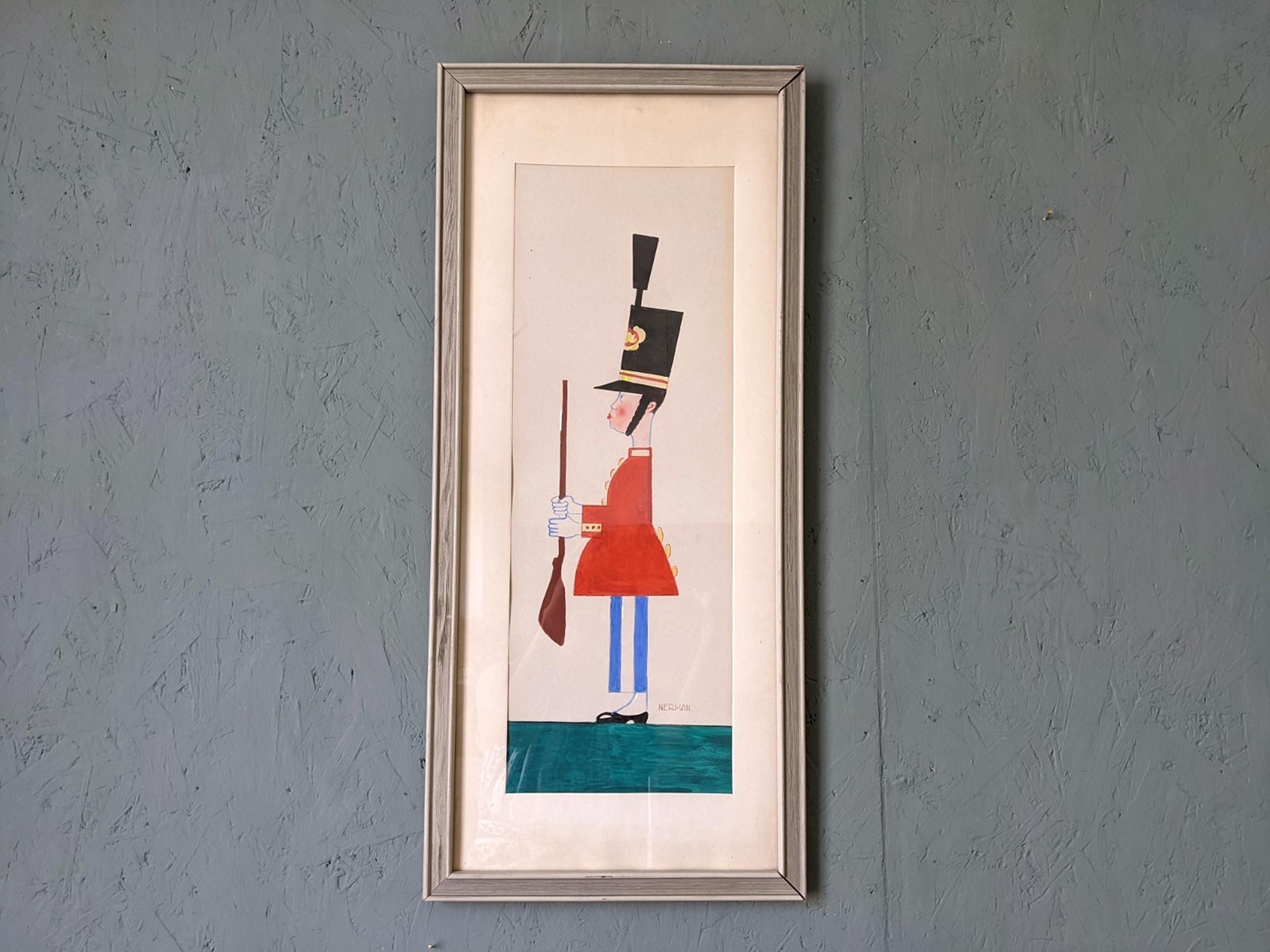 THE ROYAL GUARD
Size: 63 x 29 cm (including frame)
Watercolor & Gouache on Paper

A small yet impactful watercolour and gouache figurative composition of an upright figure of a royal guard, depicted in a side profile view.

The subject is dressed